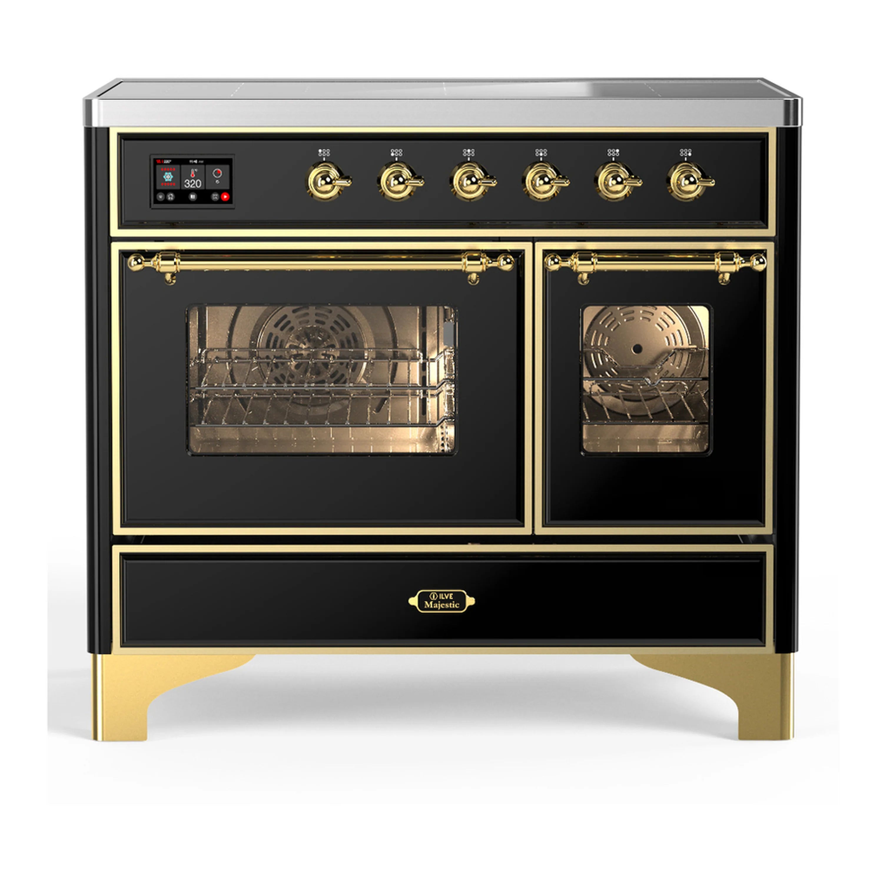 Glossy black induction range with two glass oven doors and brass control trim