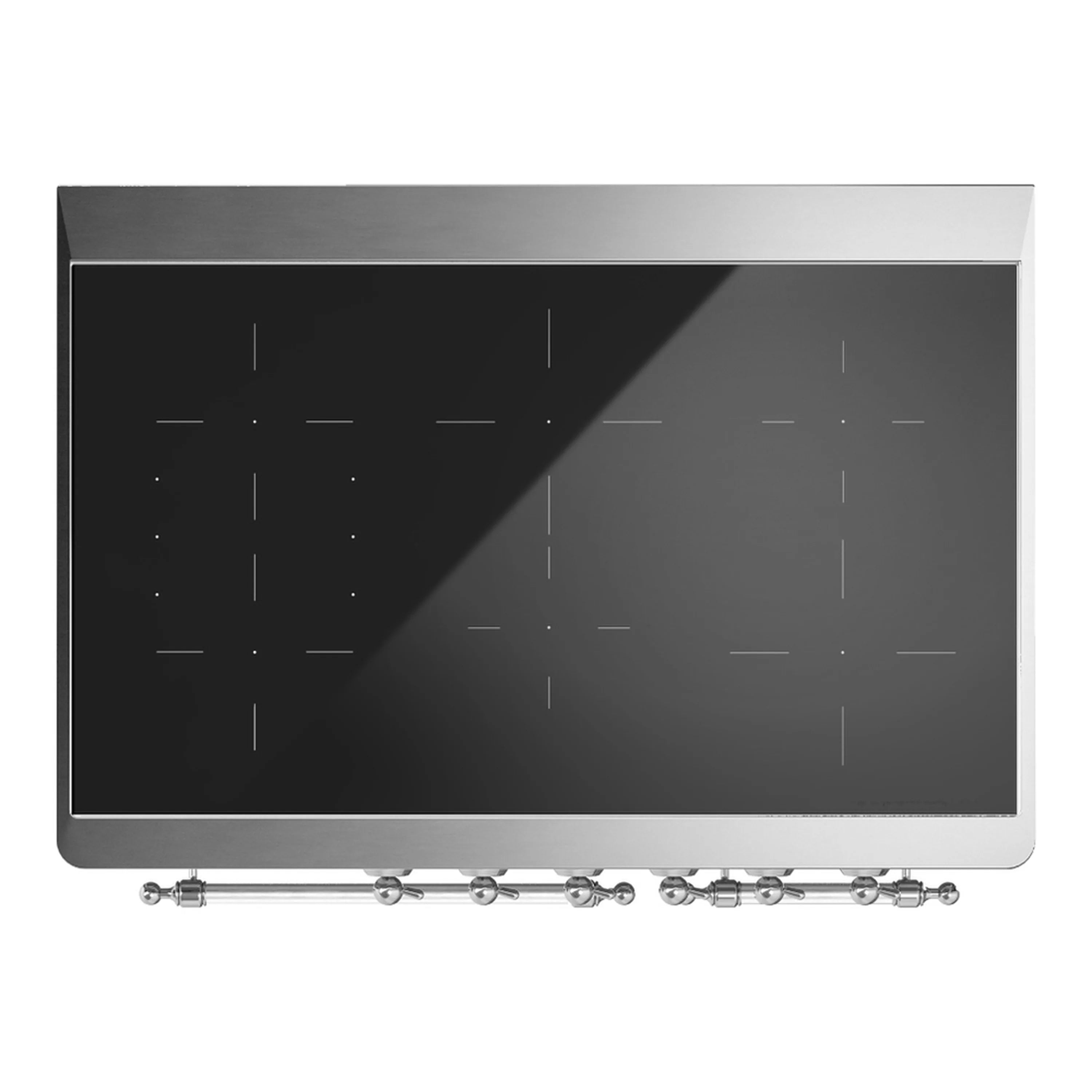 Black cooktop panel with chrome knobs on a burgundy induction range