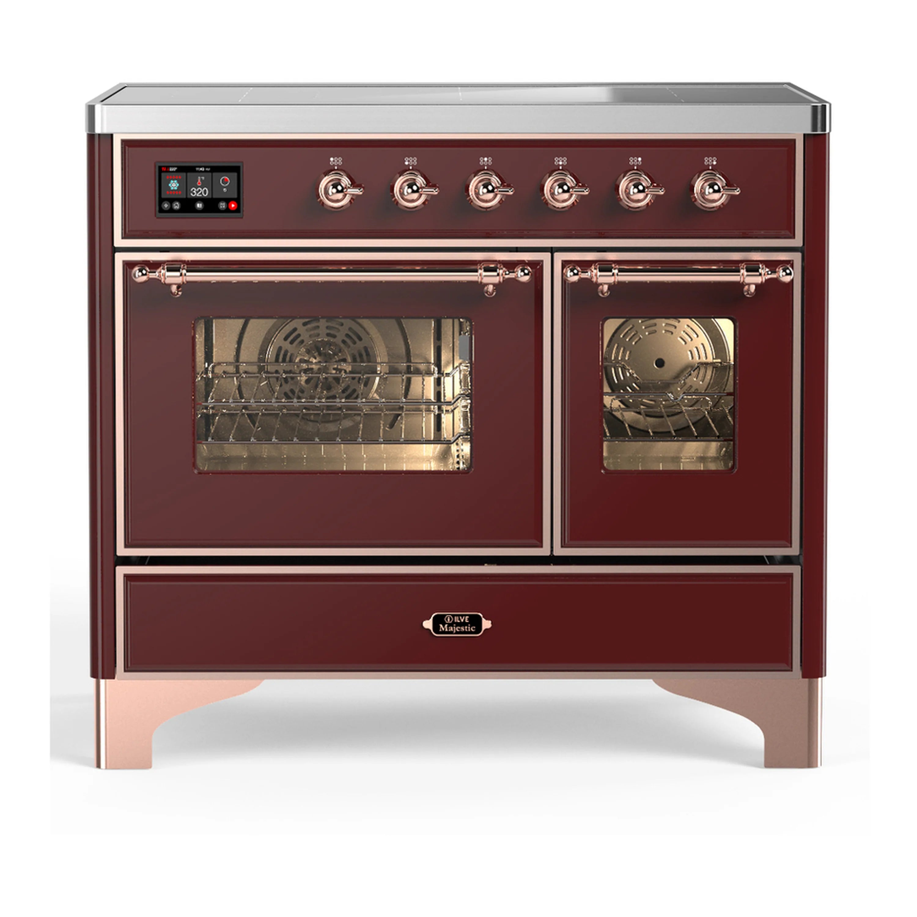 Burgundy induction range with copper trim, two oven doors and control panel with knobs
