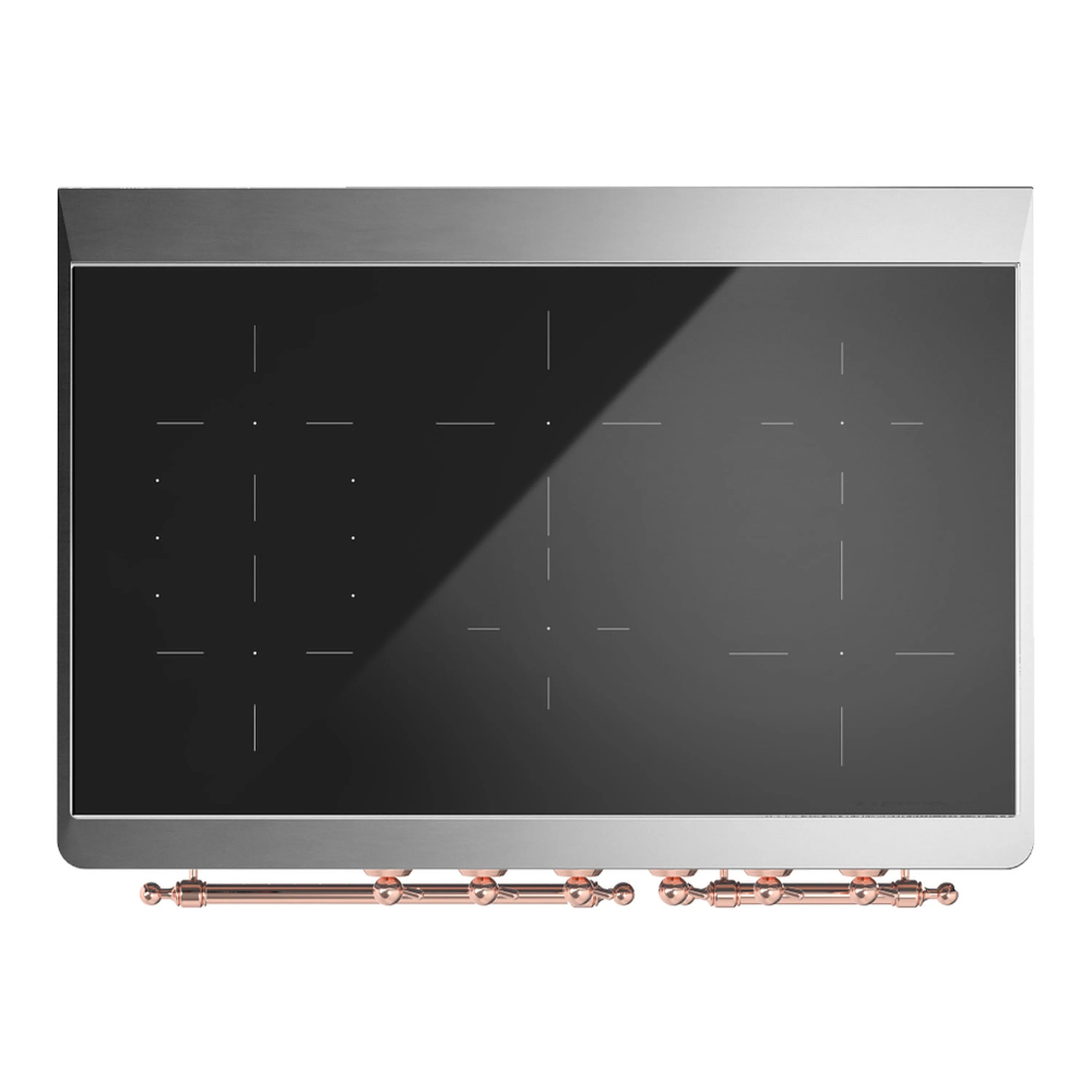 Induction cooktop surface with burner markings and copper control trim along bottom edge