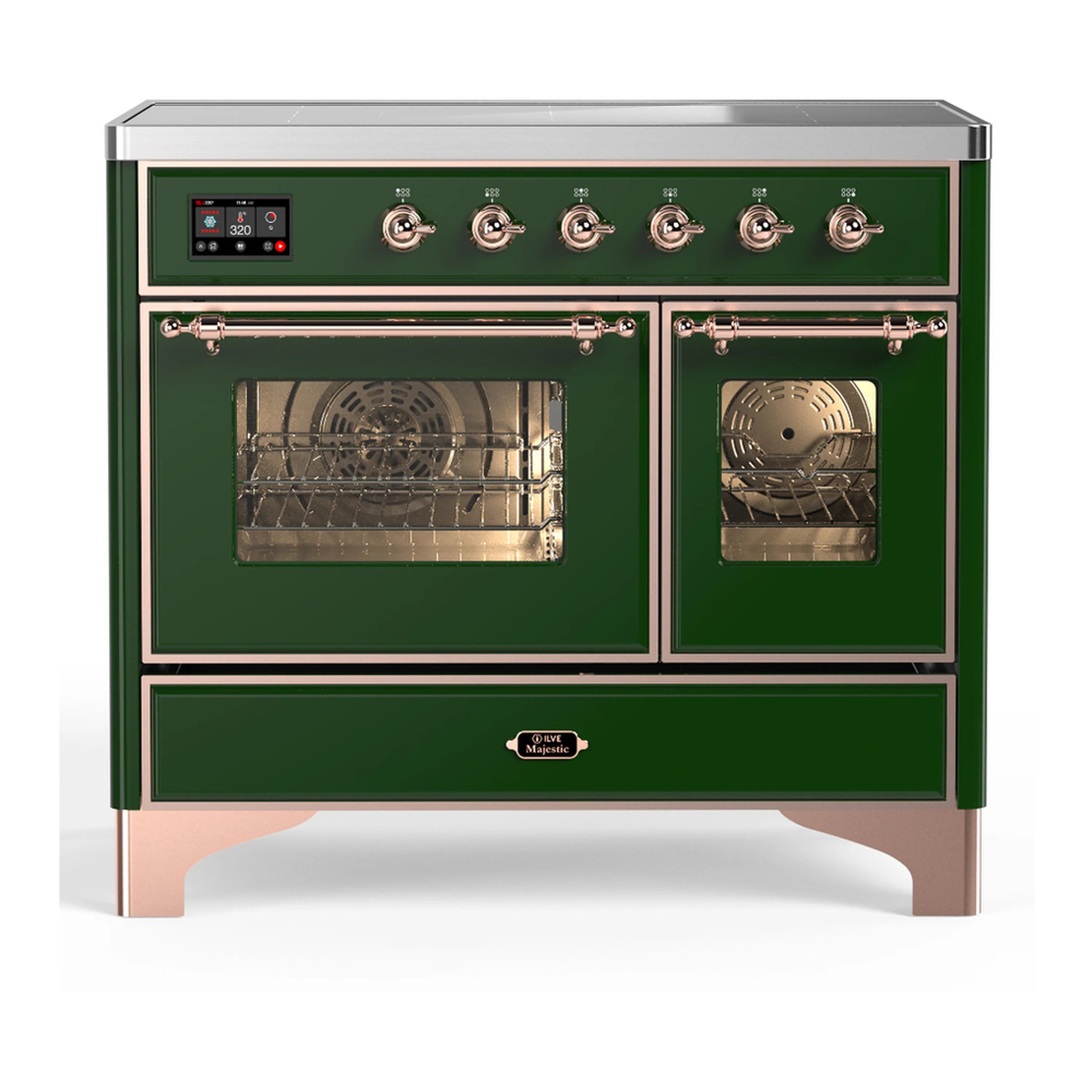 Emerald green induction range with copper trim, front view with two oven doors