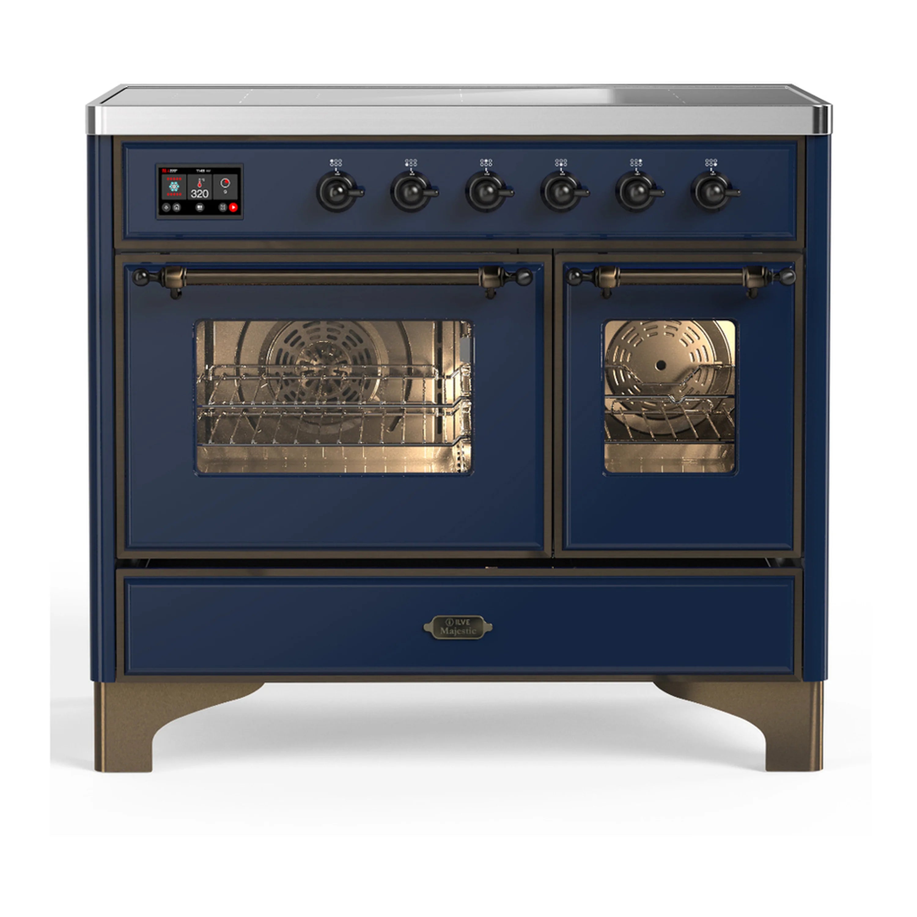Midnight blue induction range with two oven doors and control panel, triple glass viewing windows