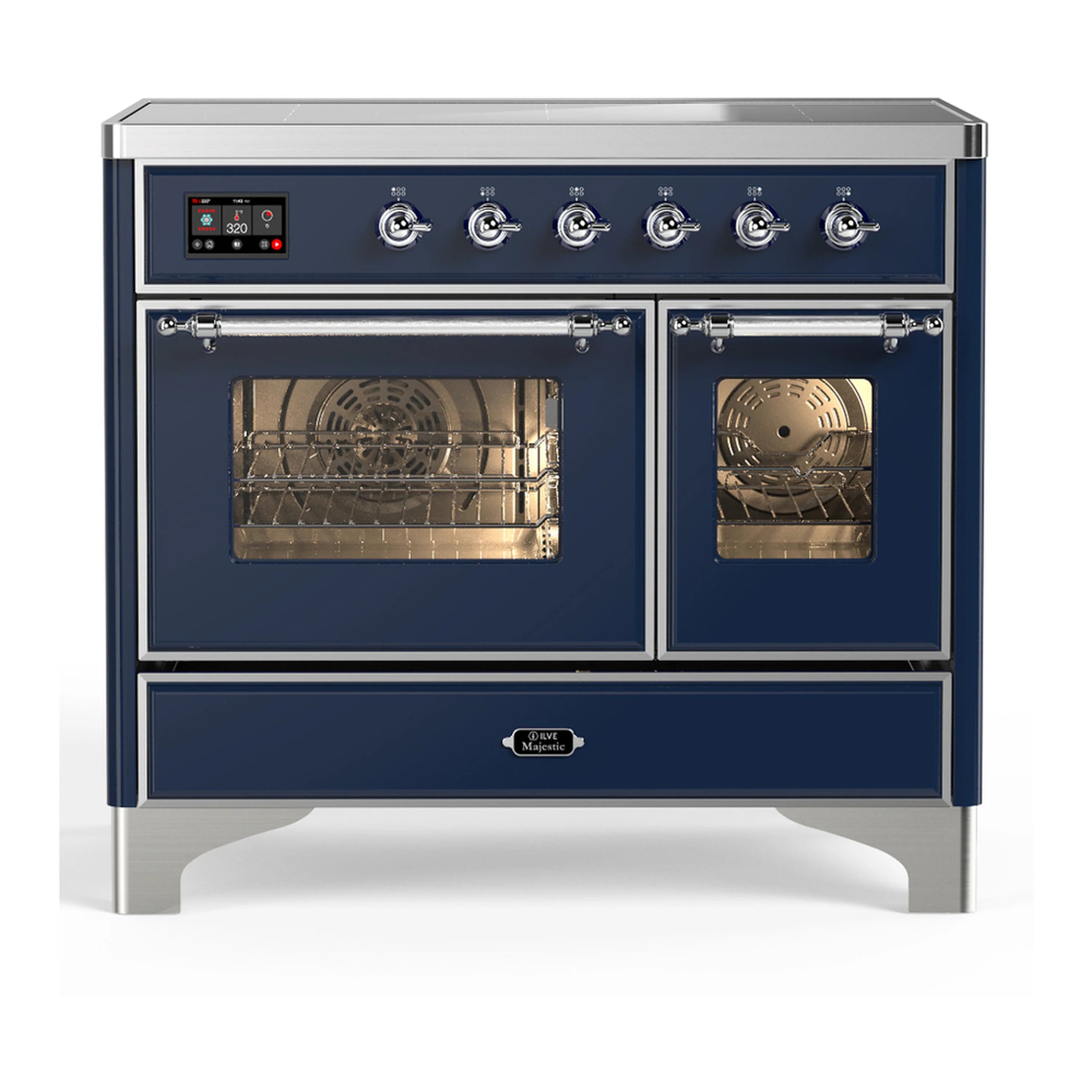 Midnight blue induction range with chrome trim, two oven doors, and control panel