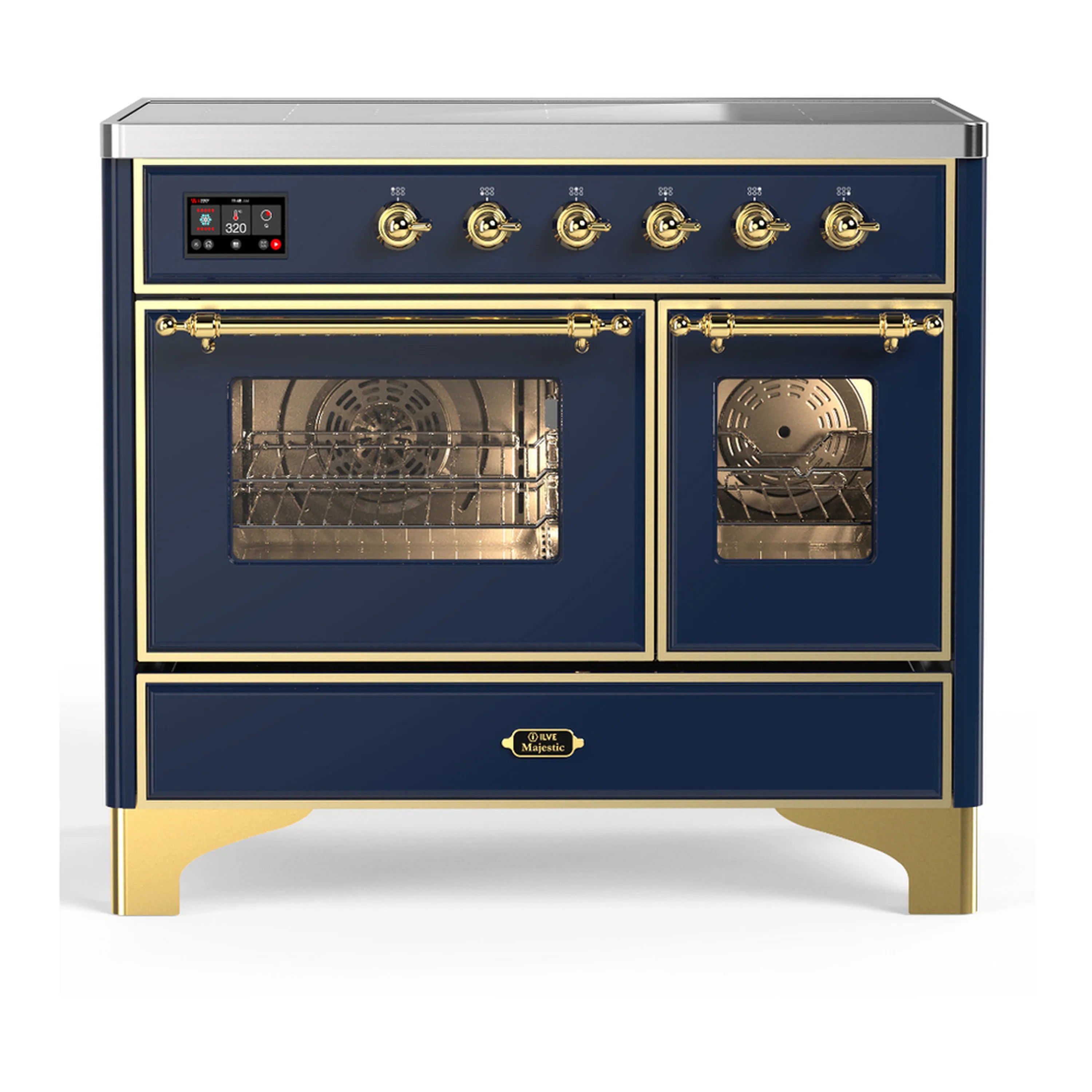 Dark blue induction range with brass trim, open oven showing racks through glass doors