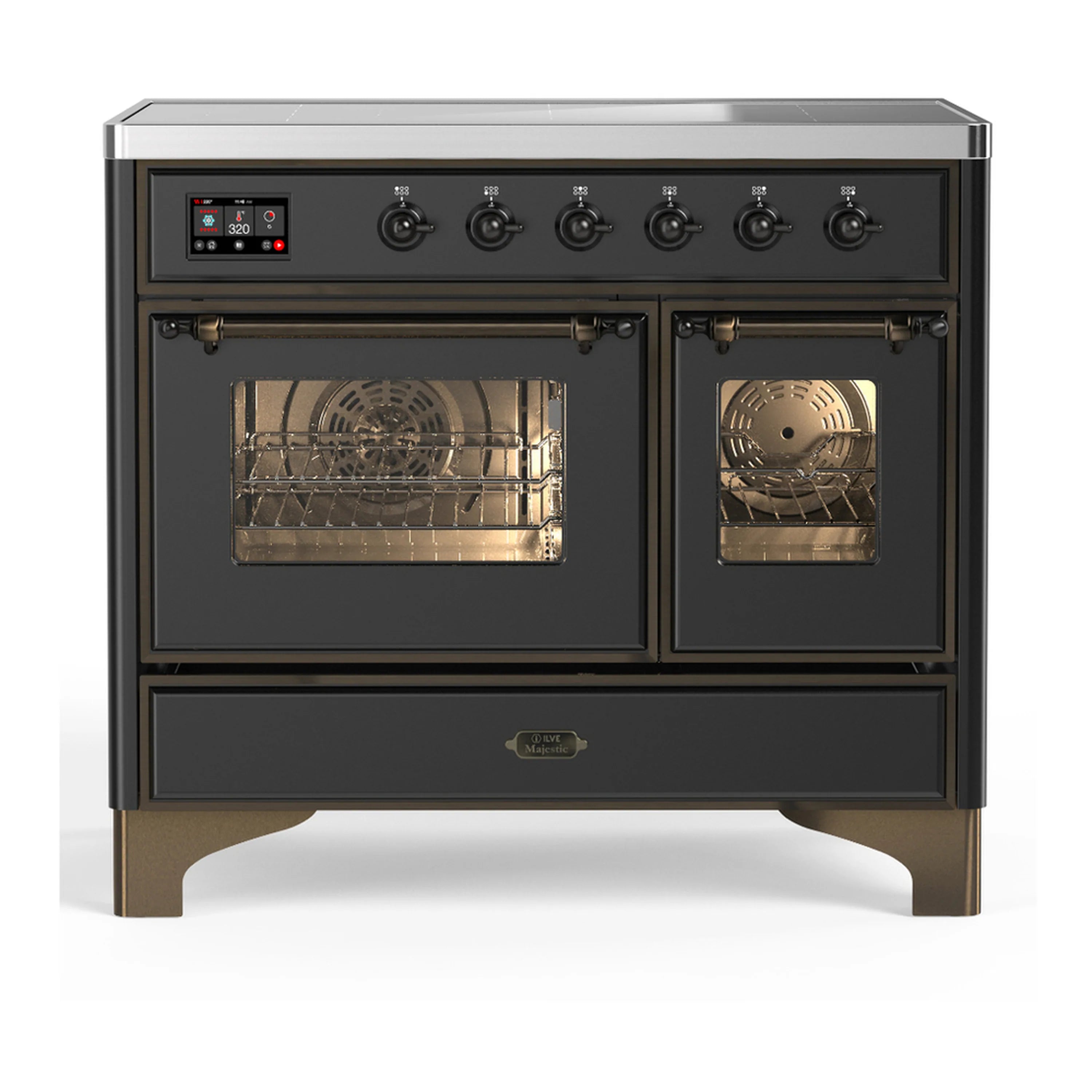 Matte graphite induction range with two glass oven doors and black control panel