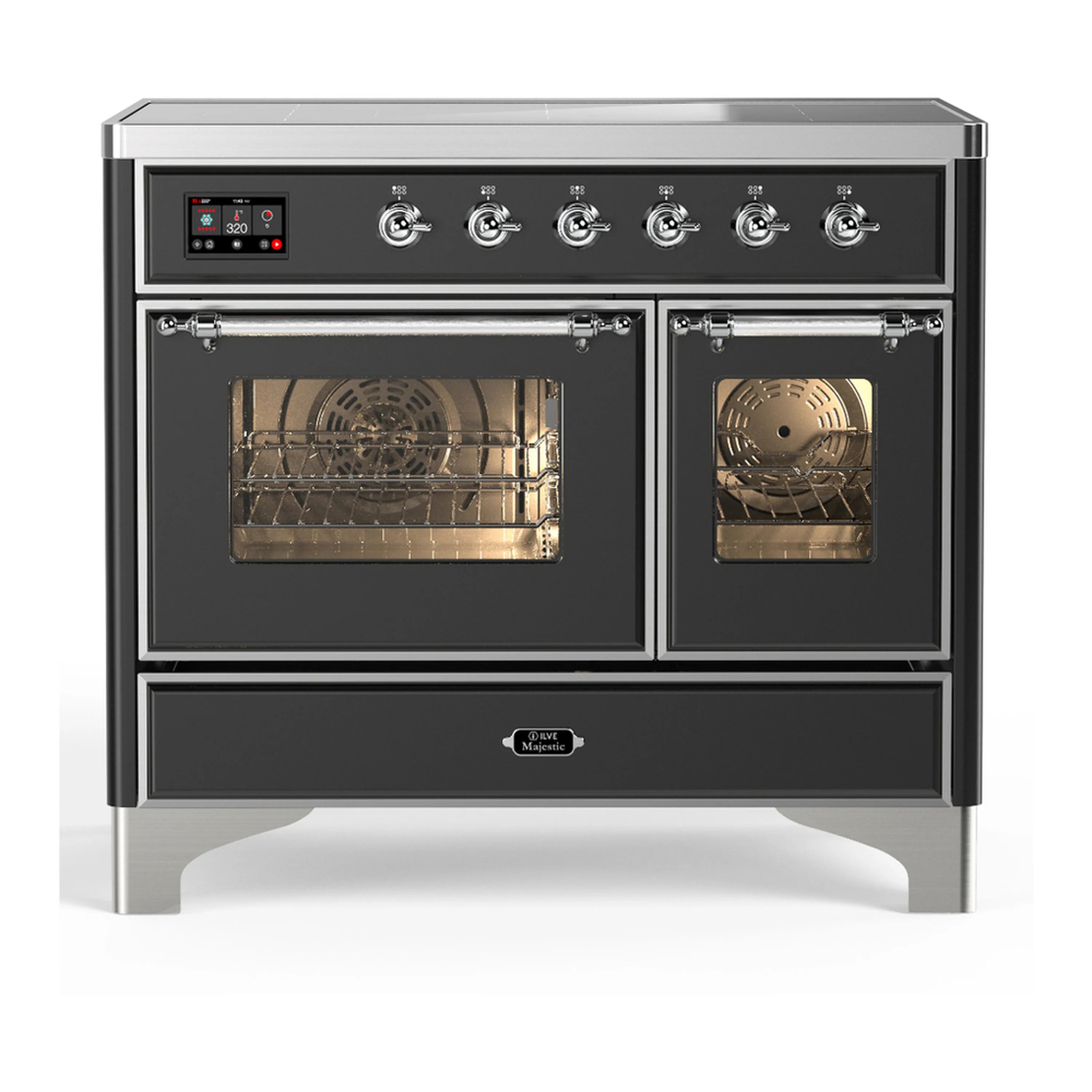 Matte graphite induction range with chrome-trimmed cooktop controls and two oven doors