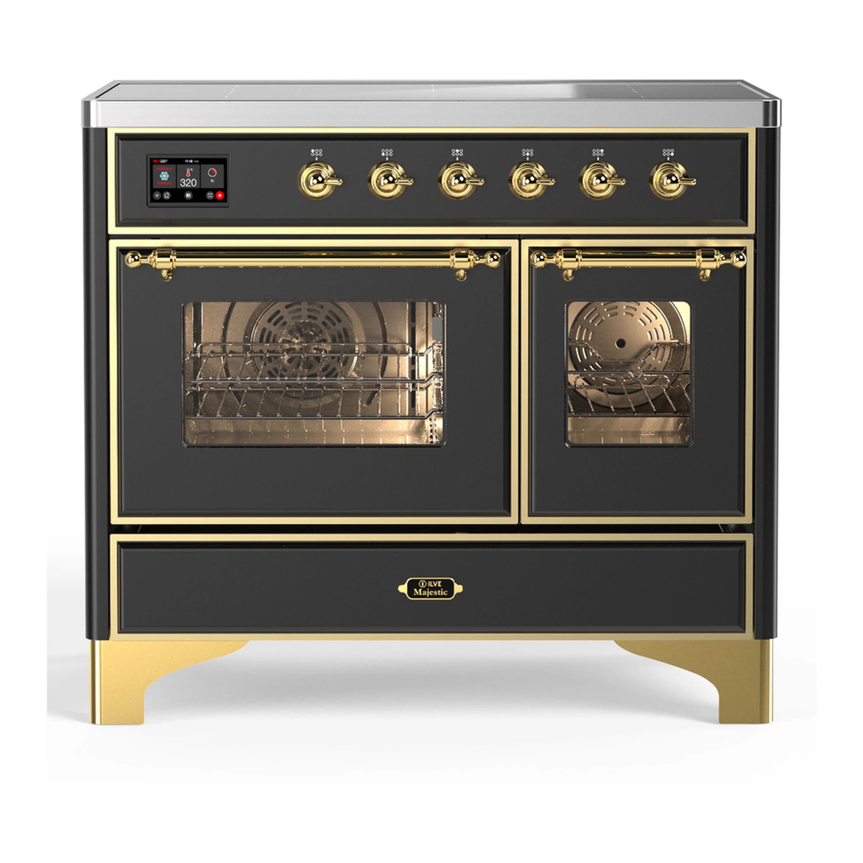 Matte graphite induction range with brass trim, two oven doors open and gold control knobs