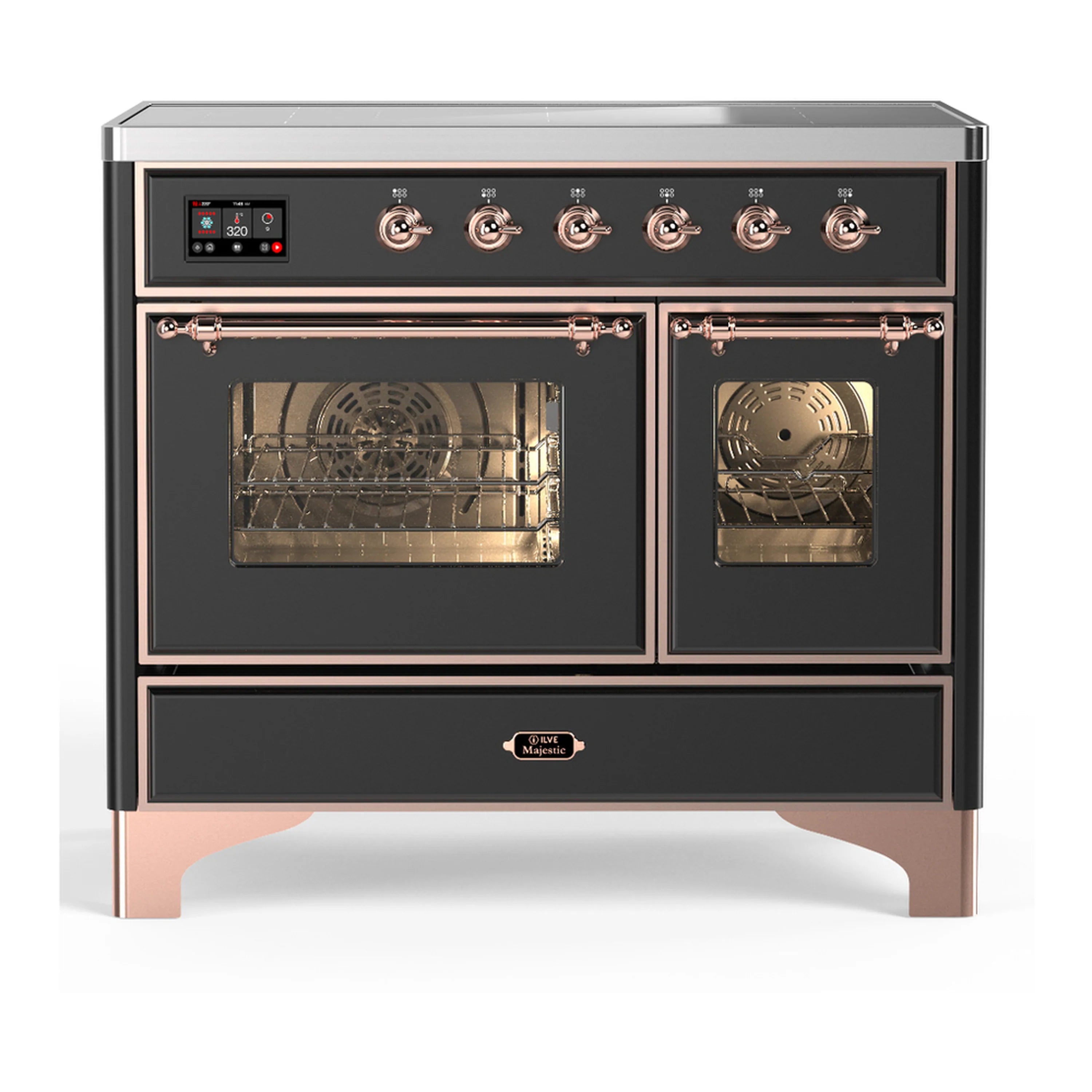 Matte graphite induction range with copper-trimmed controls and two oven doors