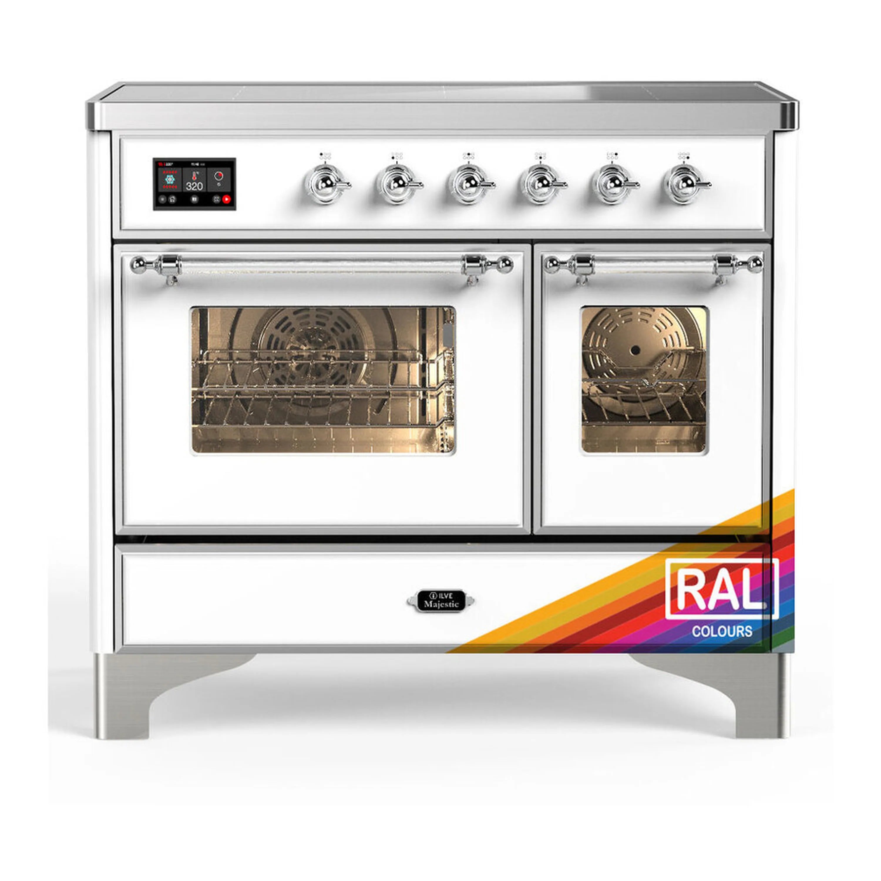 Induction range with chrome trim, six knobs, and dual triple-glass oven doors