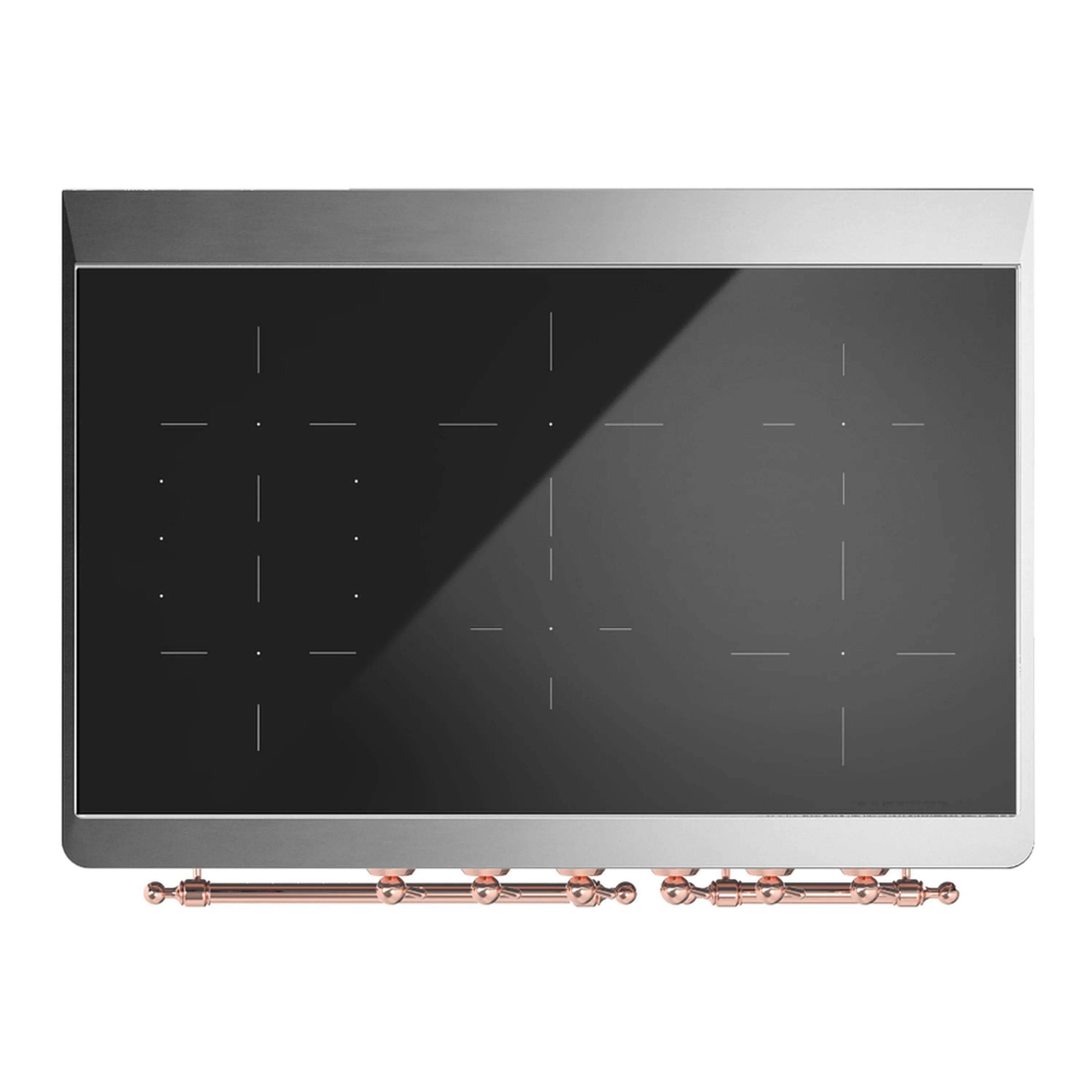Stainless steel induction cooktop with dark glass surface and copper-trim control area