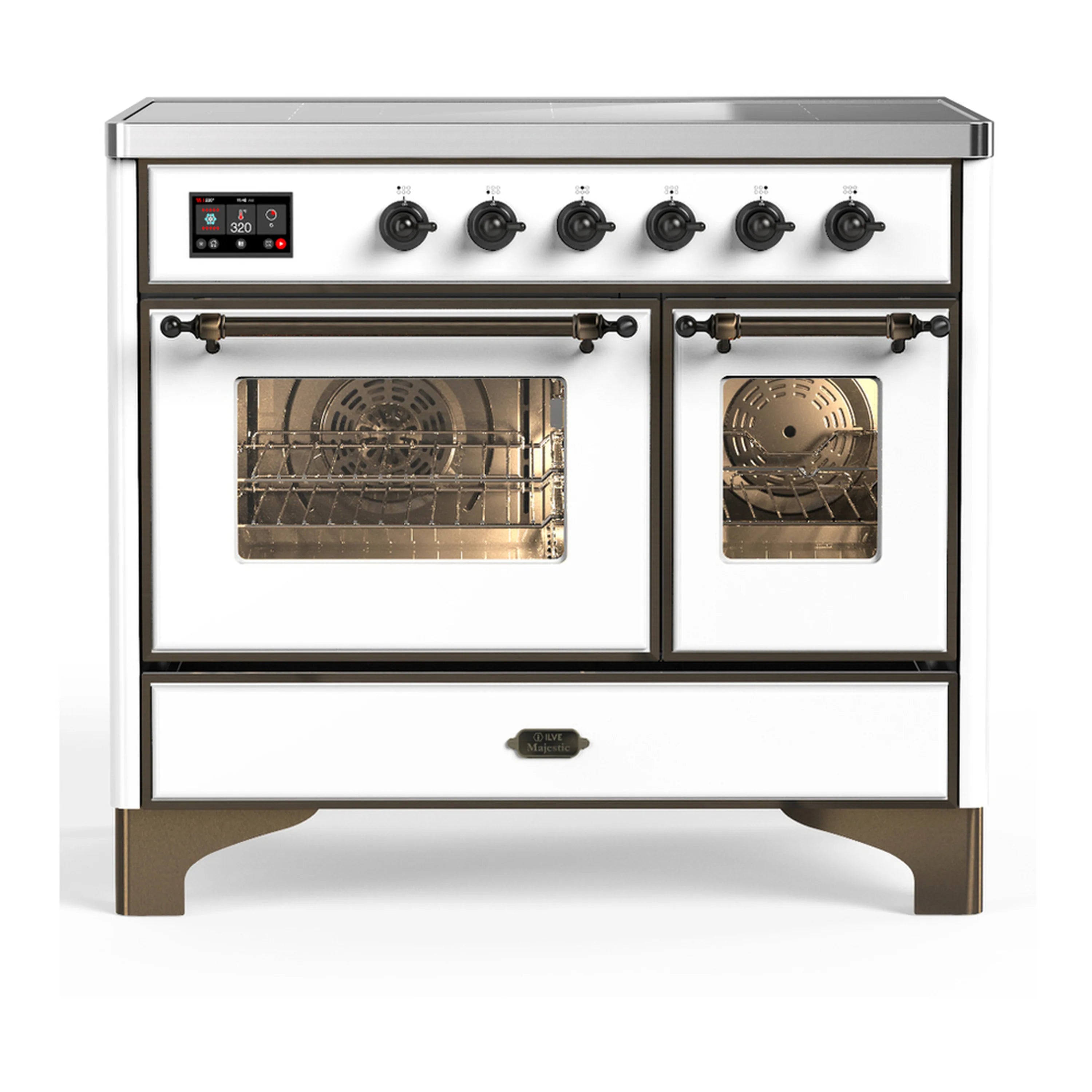 White induction range with dual oven doors, glass windows, and black cooktop control panel