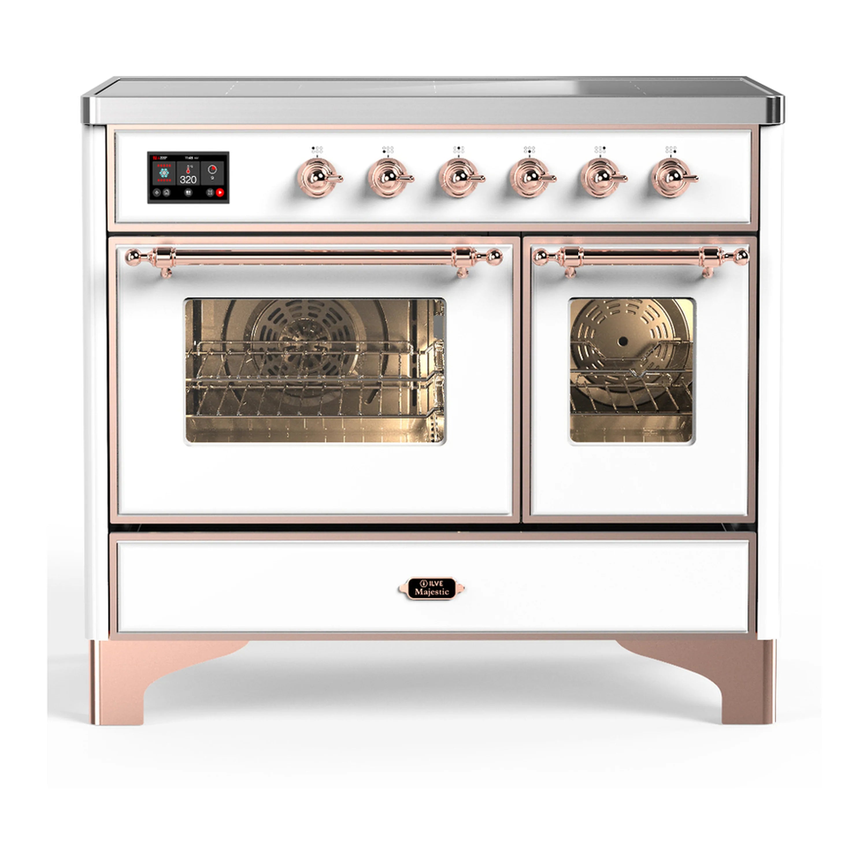 White electric induction range with copper trim, six burners, and double oven with glass doors