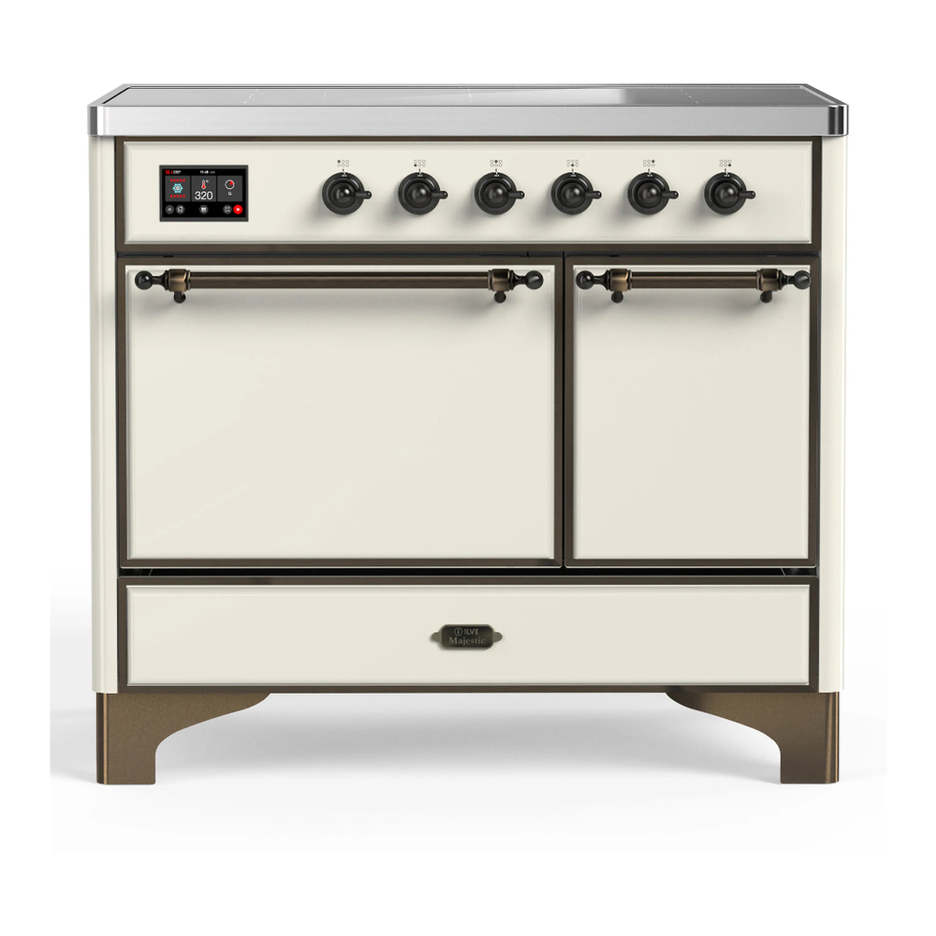 Antique white induction range with six black burners, control display, and double oven doors