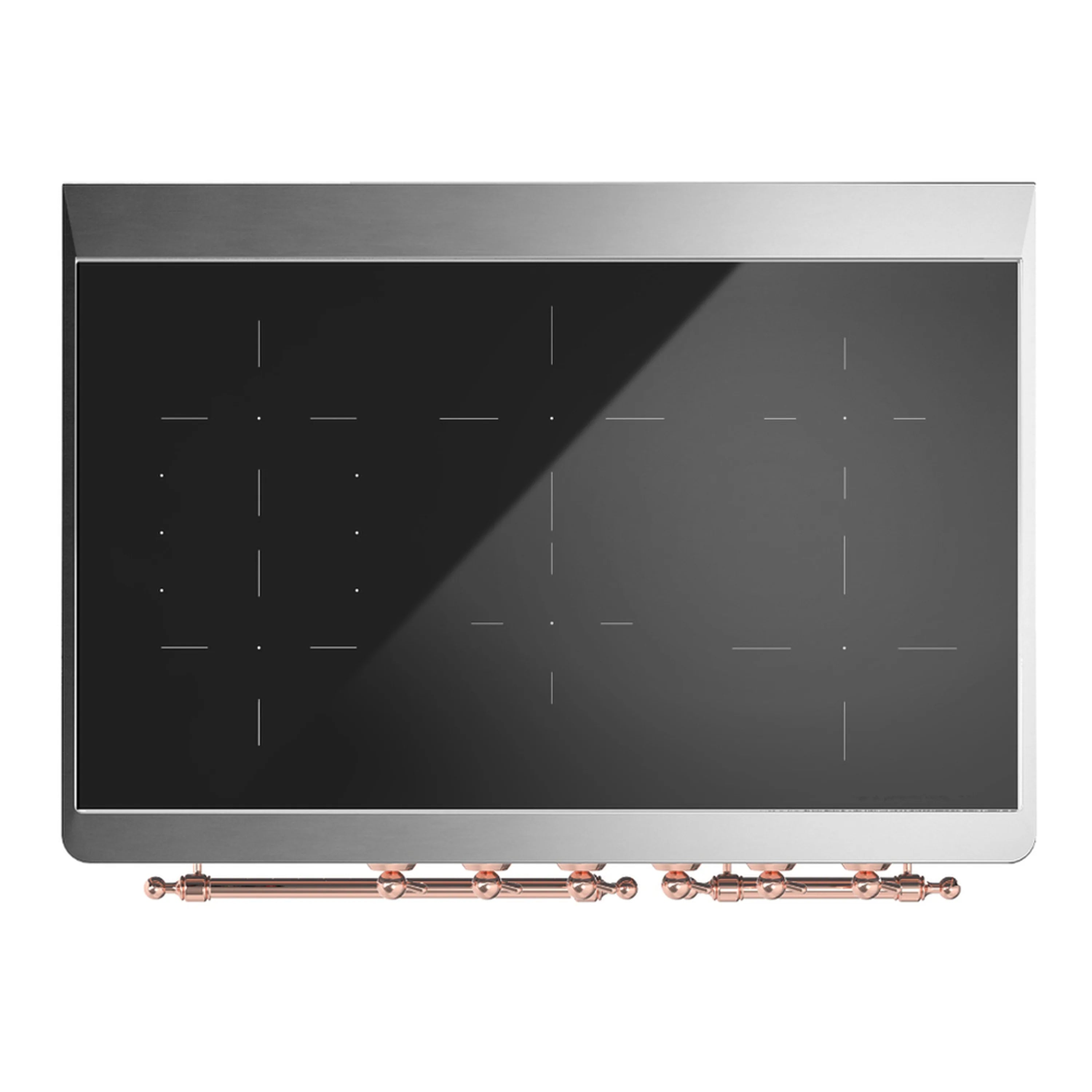 Black glass cooktop surface with induction heating lines and copper trim at the front