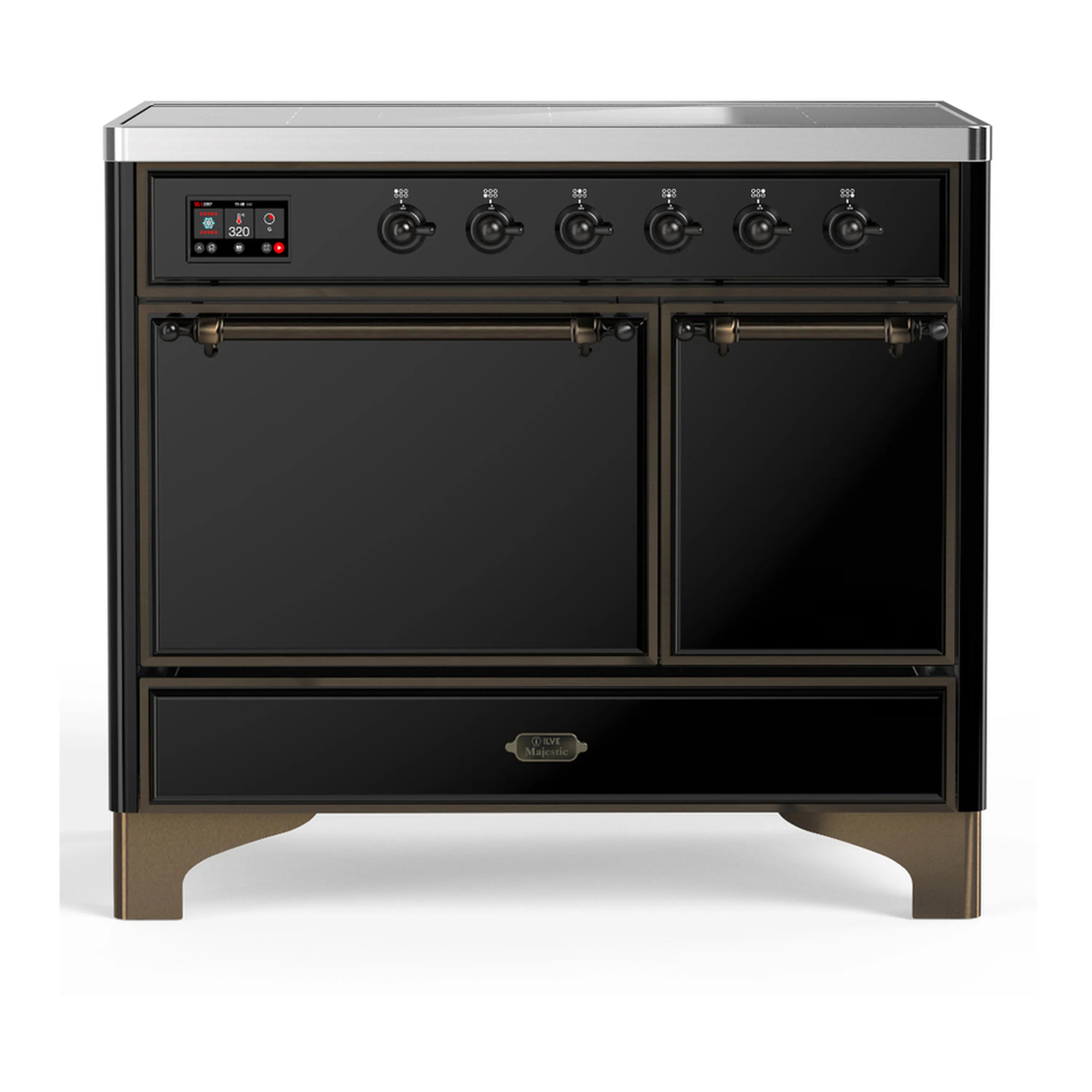 Glossy black induction range with dual oven doors and brushed trim, front view