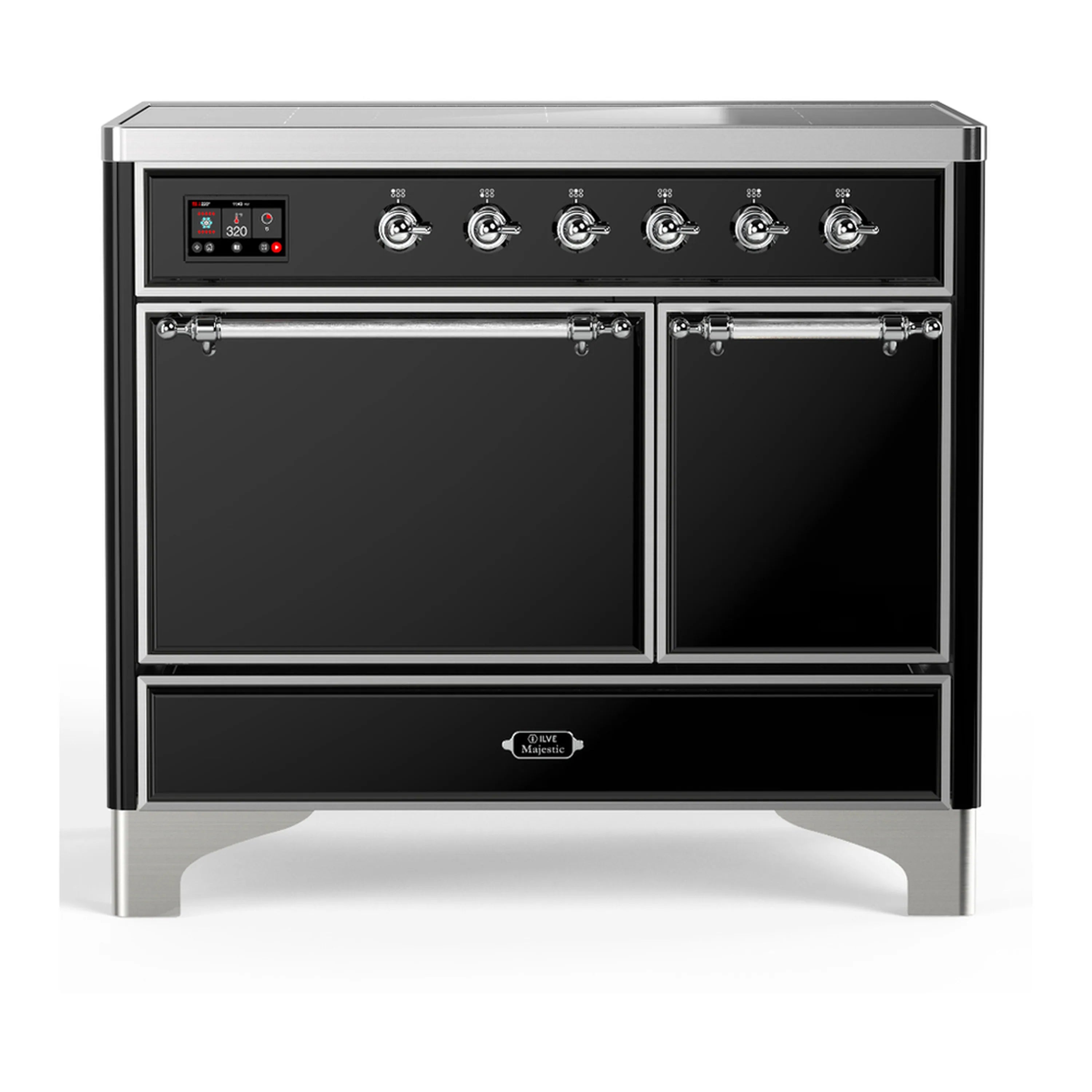 Glossy black induction range with six burner knobs and solid oven doors, chrome trim