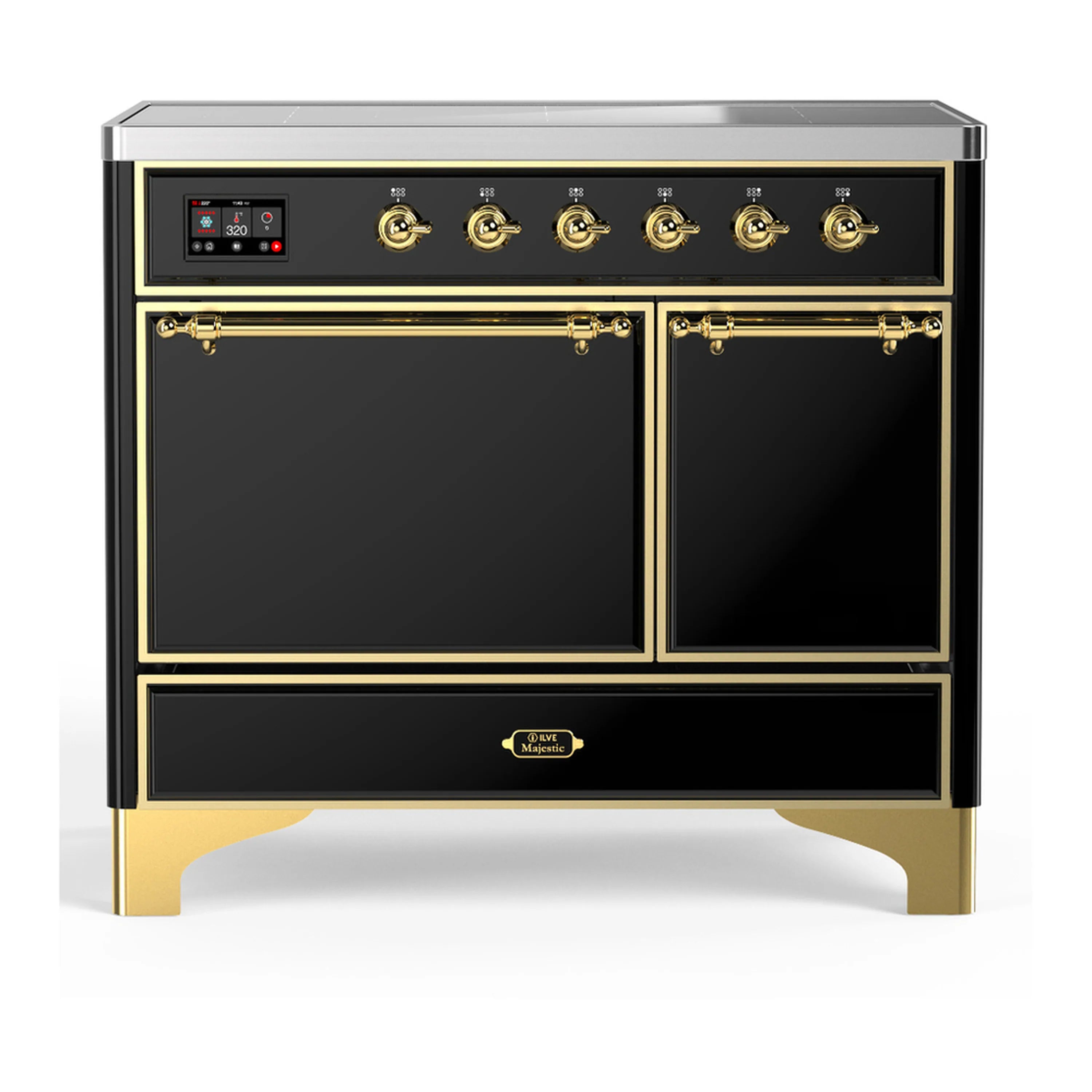Glossy black induction range with brass-trimmed controls and two oven doors