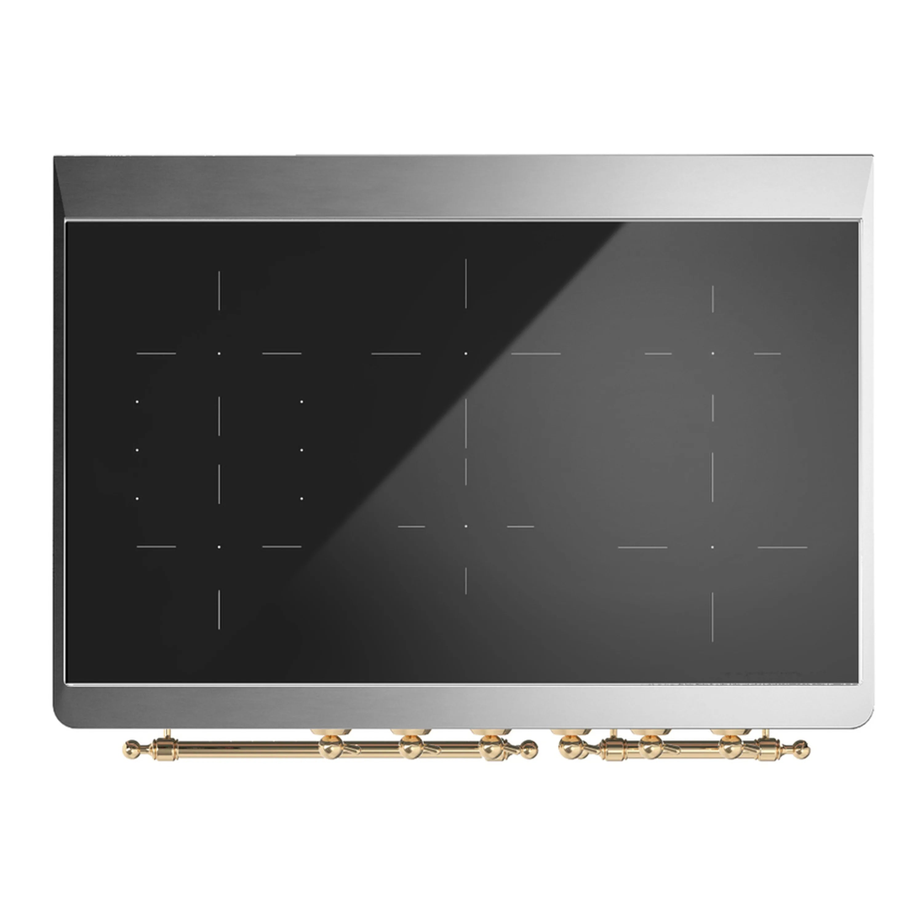 Black induction cooktop surface with touch control markings and brass trim