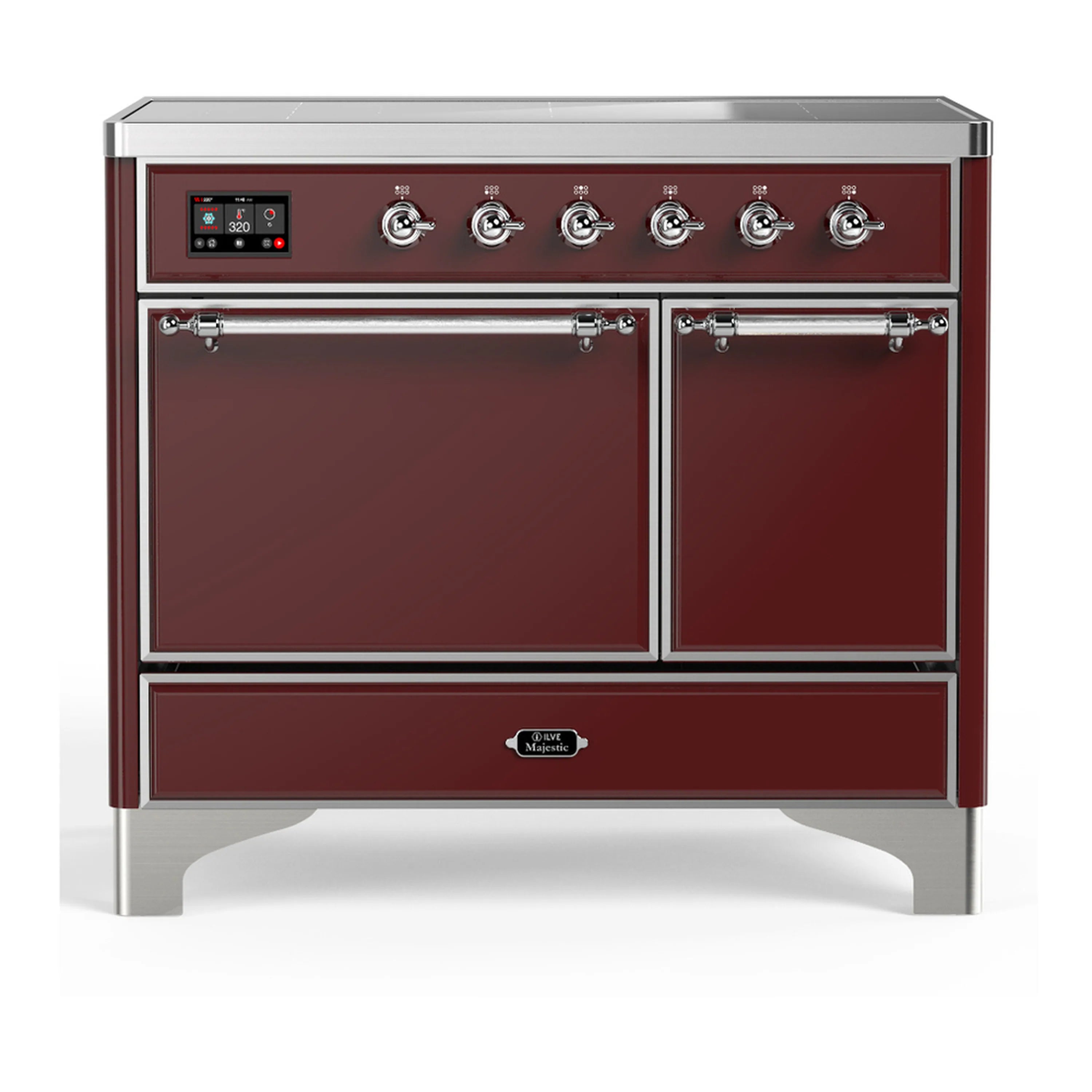Burgundy induction range with chrome trim, oven doors, and control panel