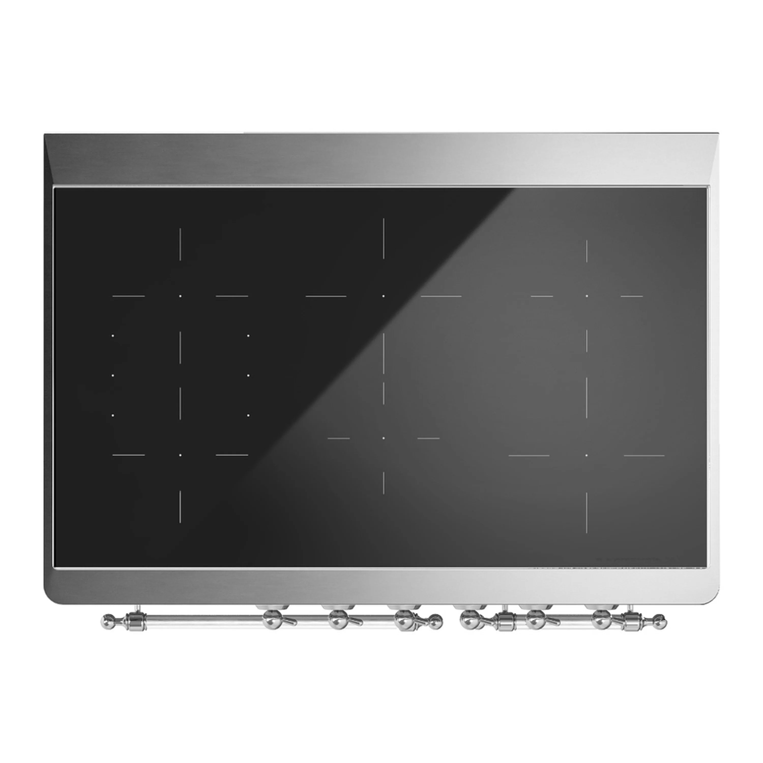 Induction cooktop with dark glass surface and chrome control knobs