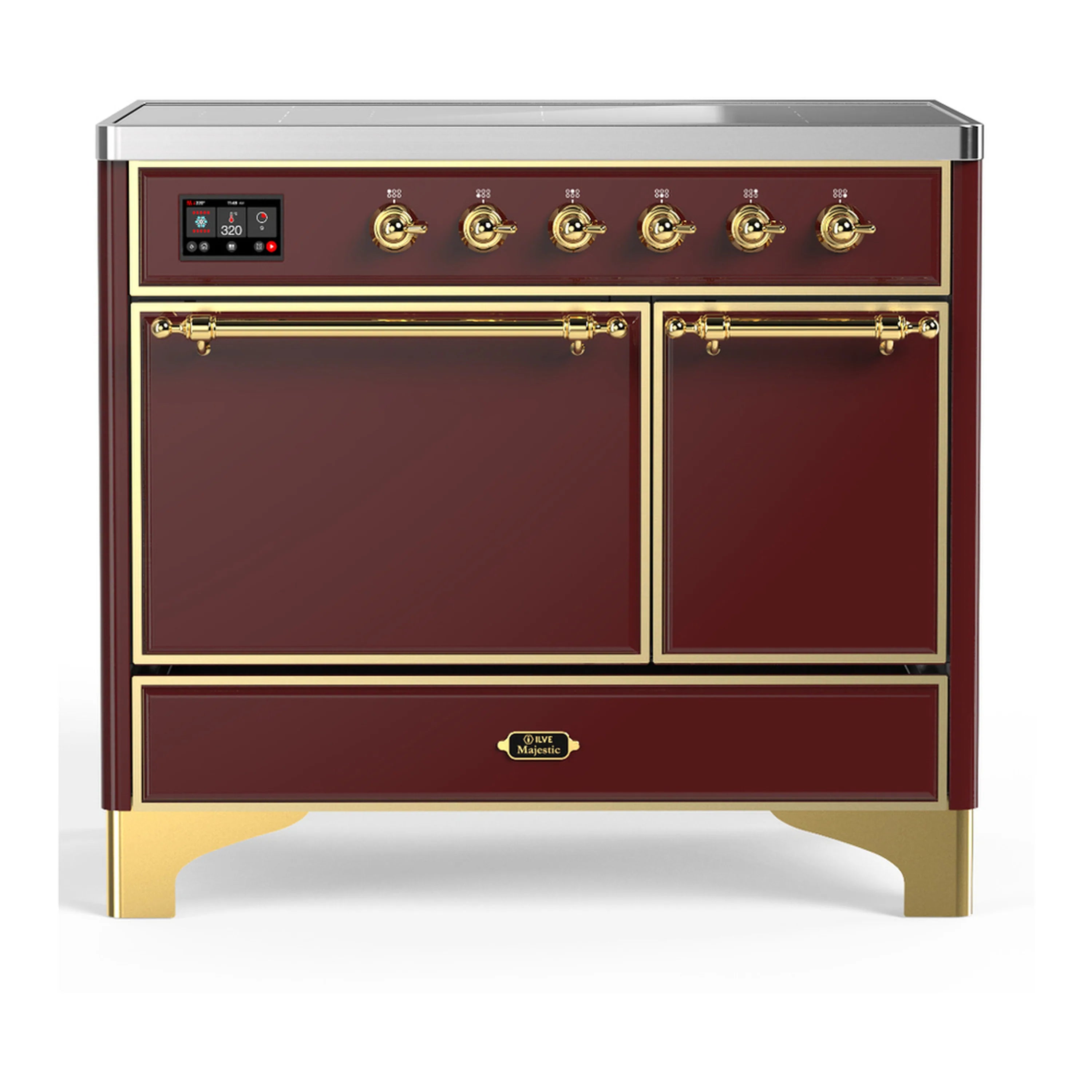Burgundy induction range with brass trim, two oven doors and a lower storage drawer