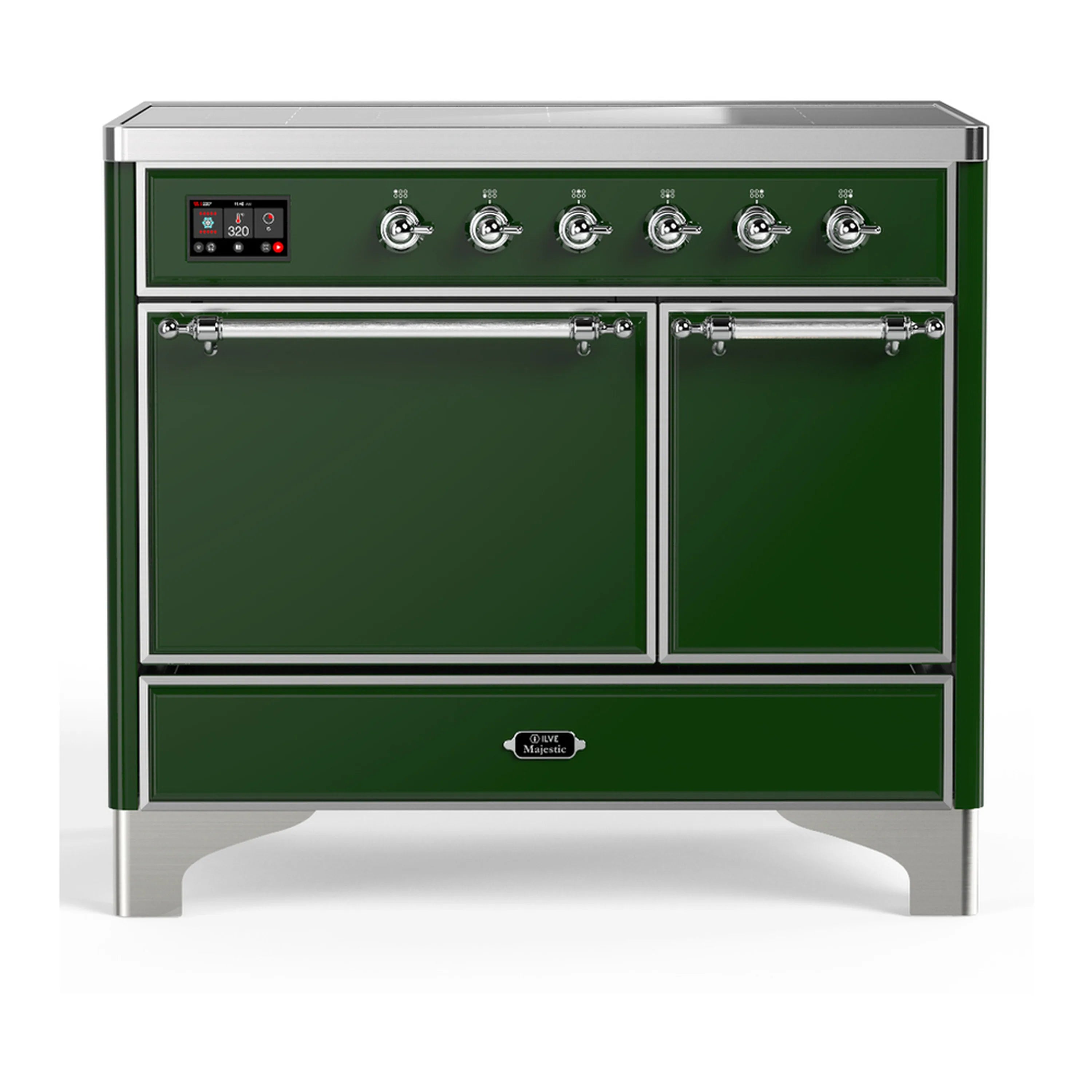 Emerald green induction range with chrome trim, six knobs, and oven control display