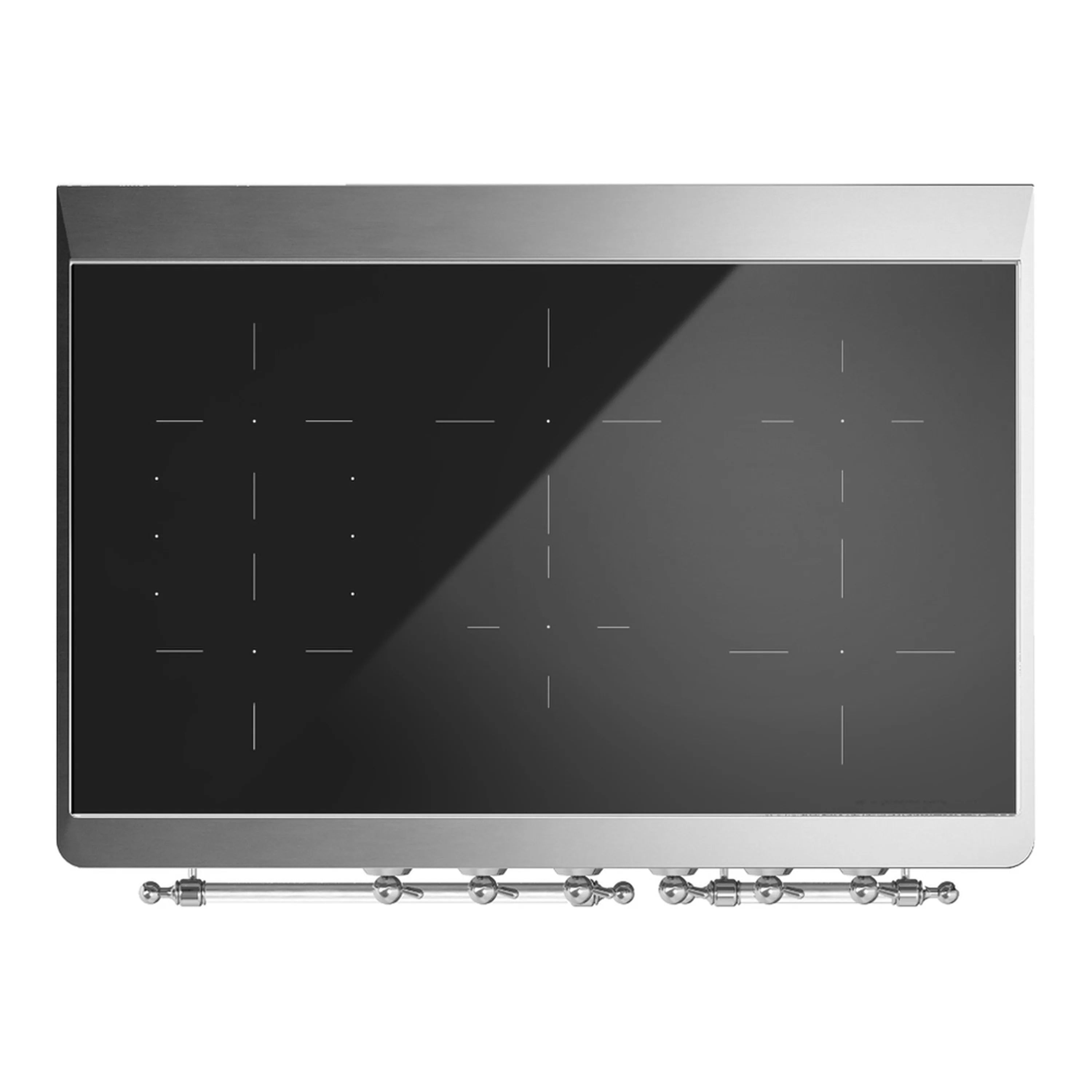 Black glass cooktop section with stainless frame and row of control knobs