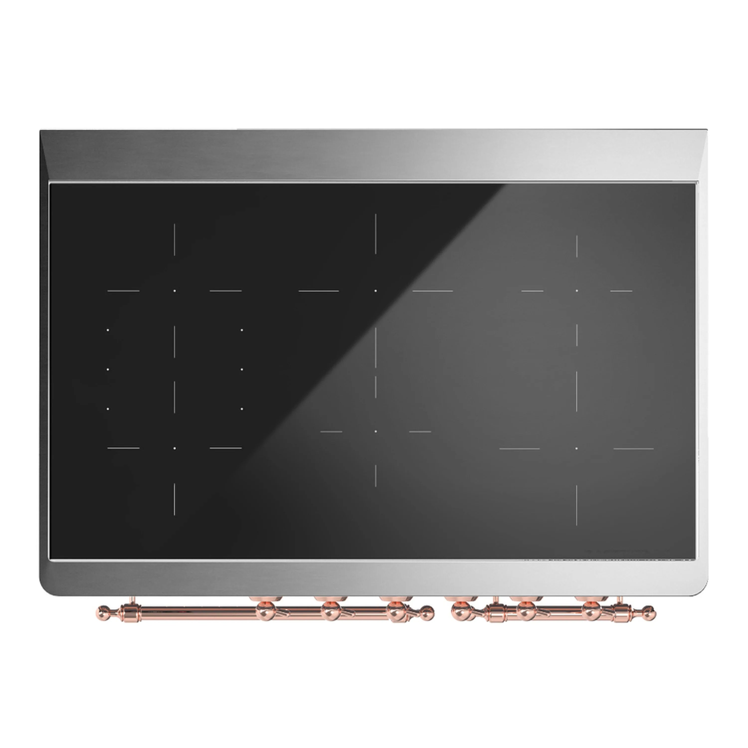 Dark blue appliance drawer front with stainless base and copper side handles