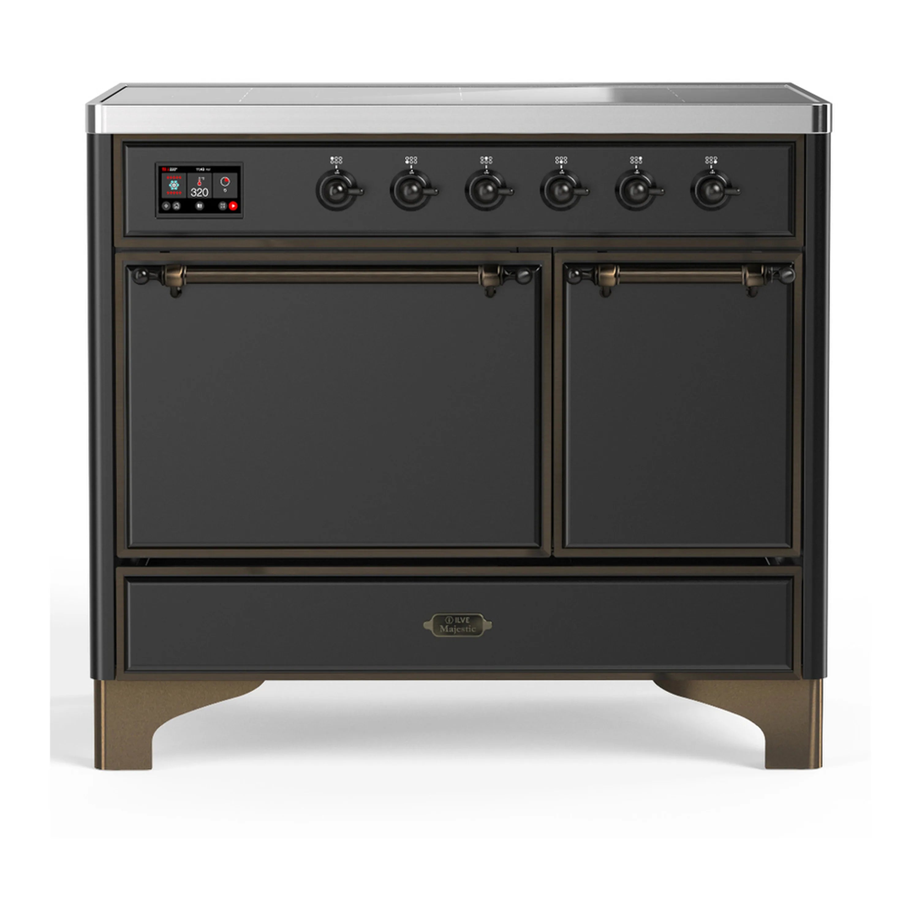 Matte graphite induction range with solid doors, control panel, and six burner knobs.