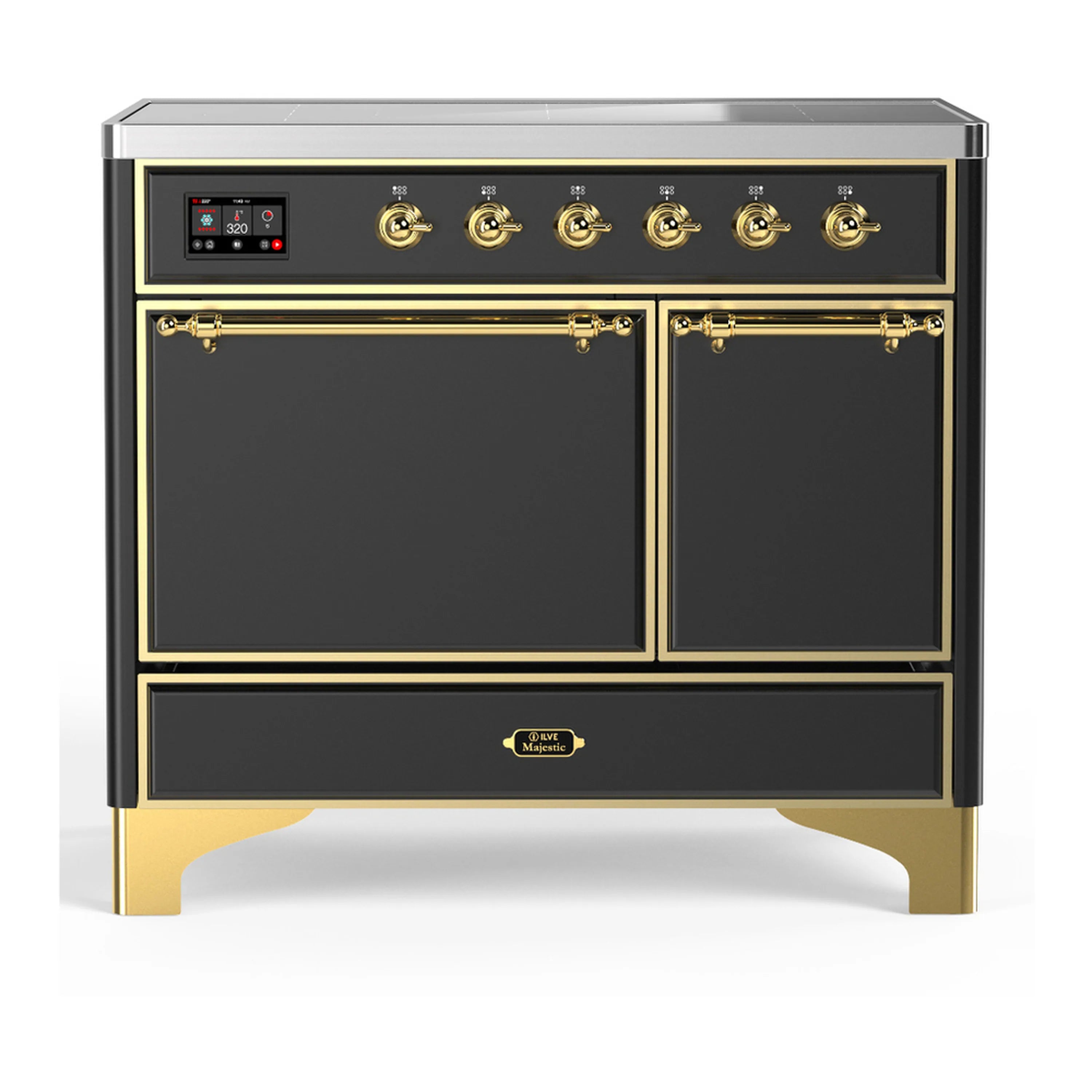 Matte graphite induction range with solid electric oven, brass trim and control knobs