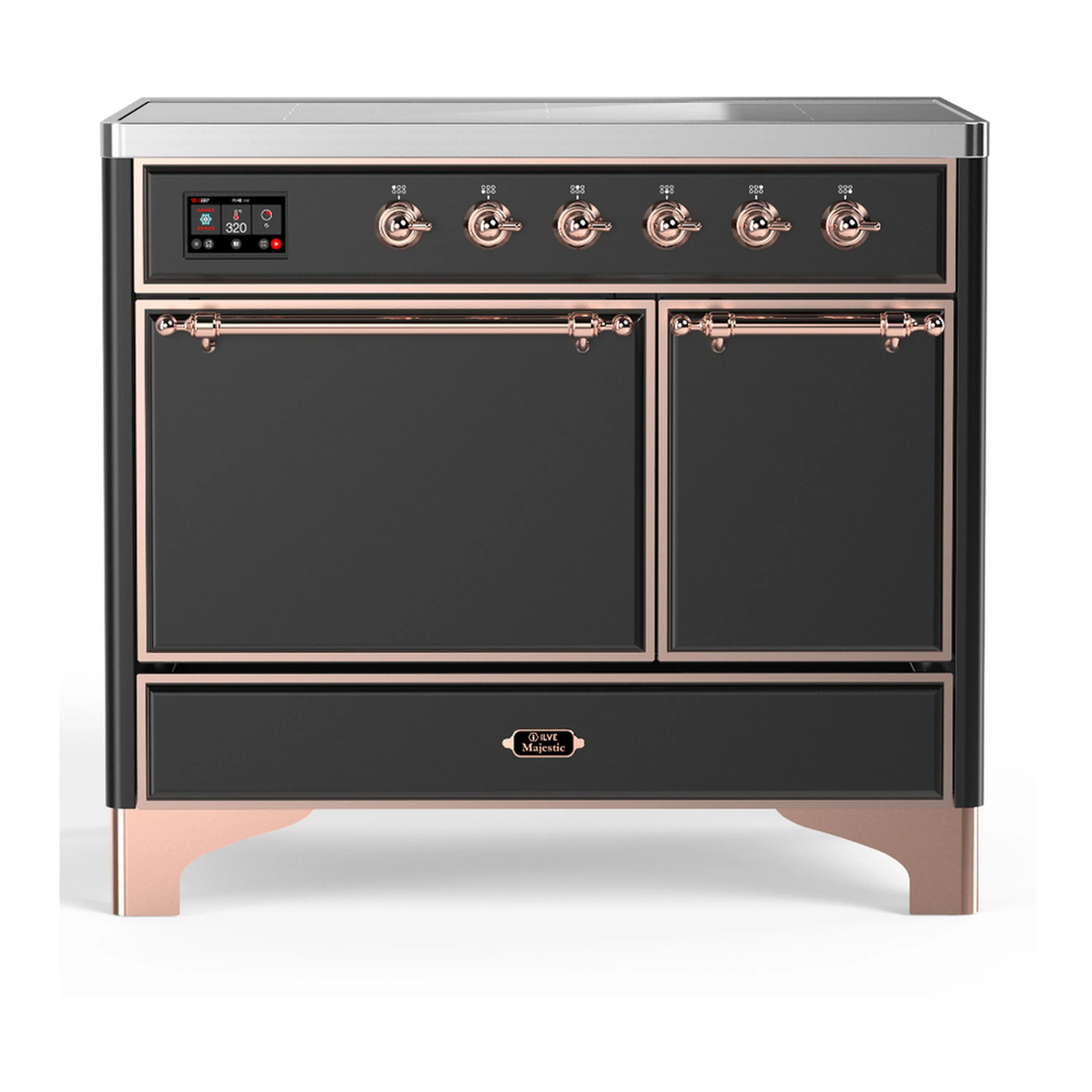 Matte graphite induction range with copper trim, two oven doors and six induction controls