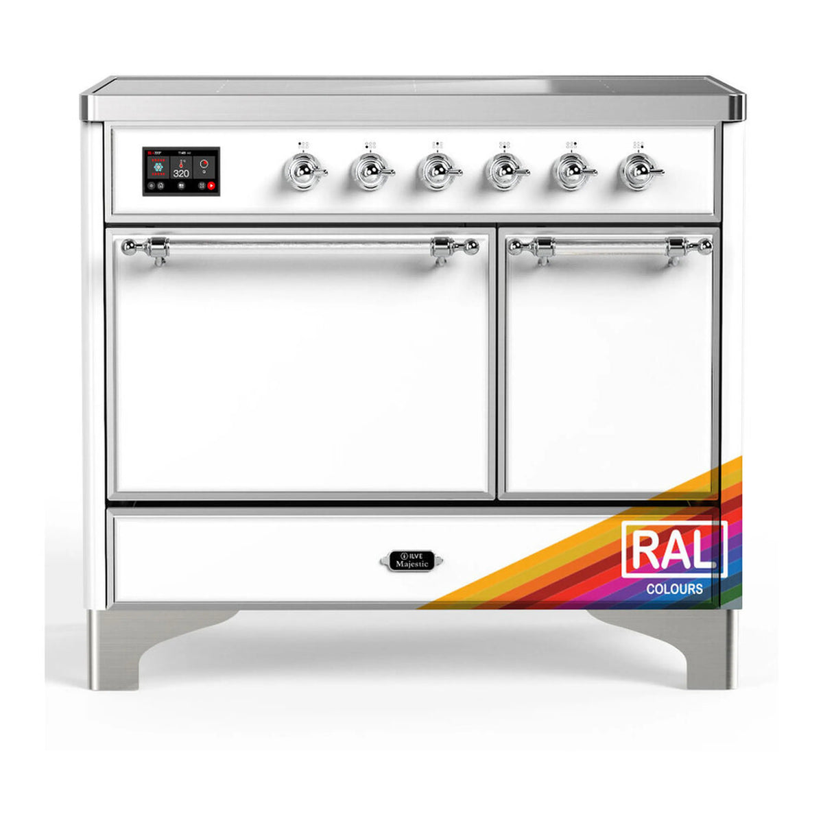 White induction range with chrome knobs and solid electric oven doors, top control panel.