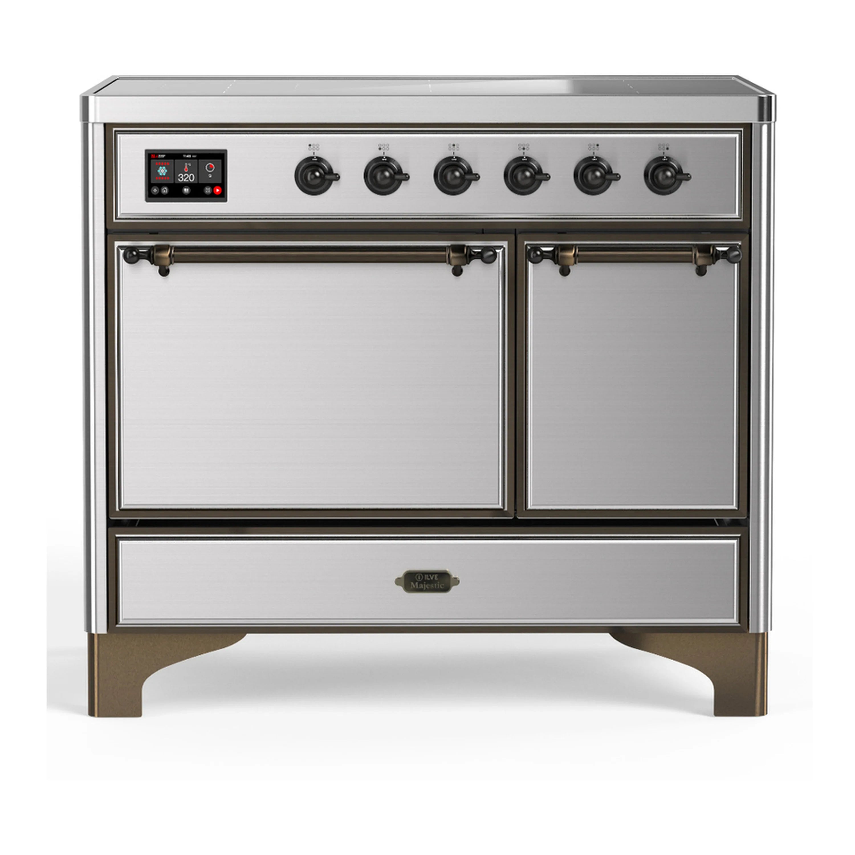 Stainless steel induction range with dual doors and control panel, 6 induction zones