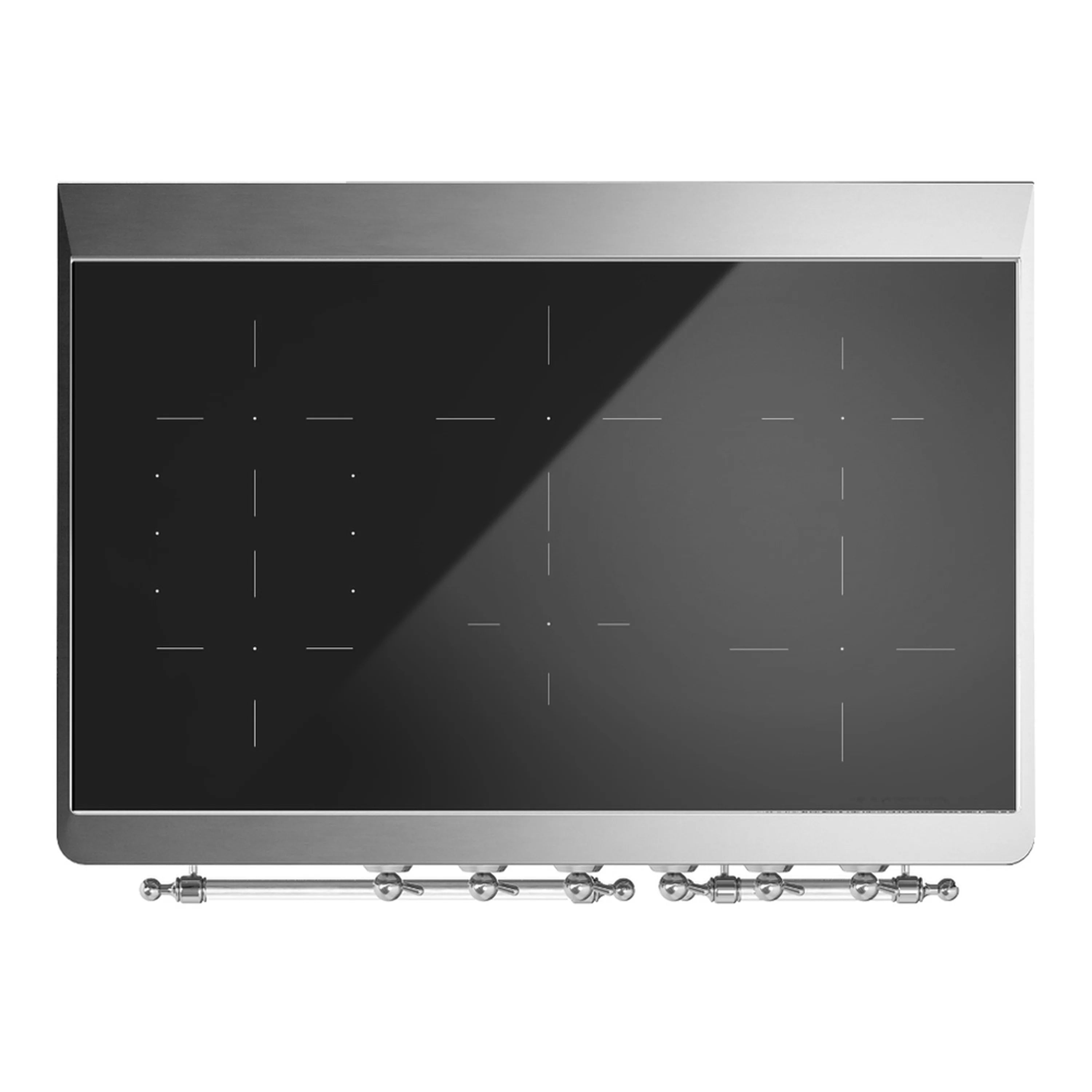 Black glass cooktop with burner outline markings and chrome control knobs below
