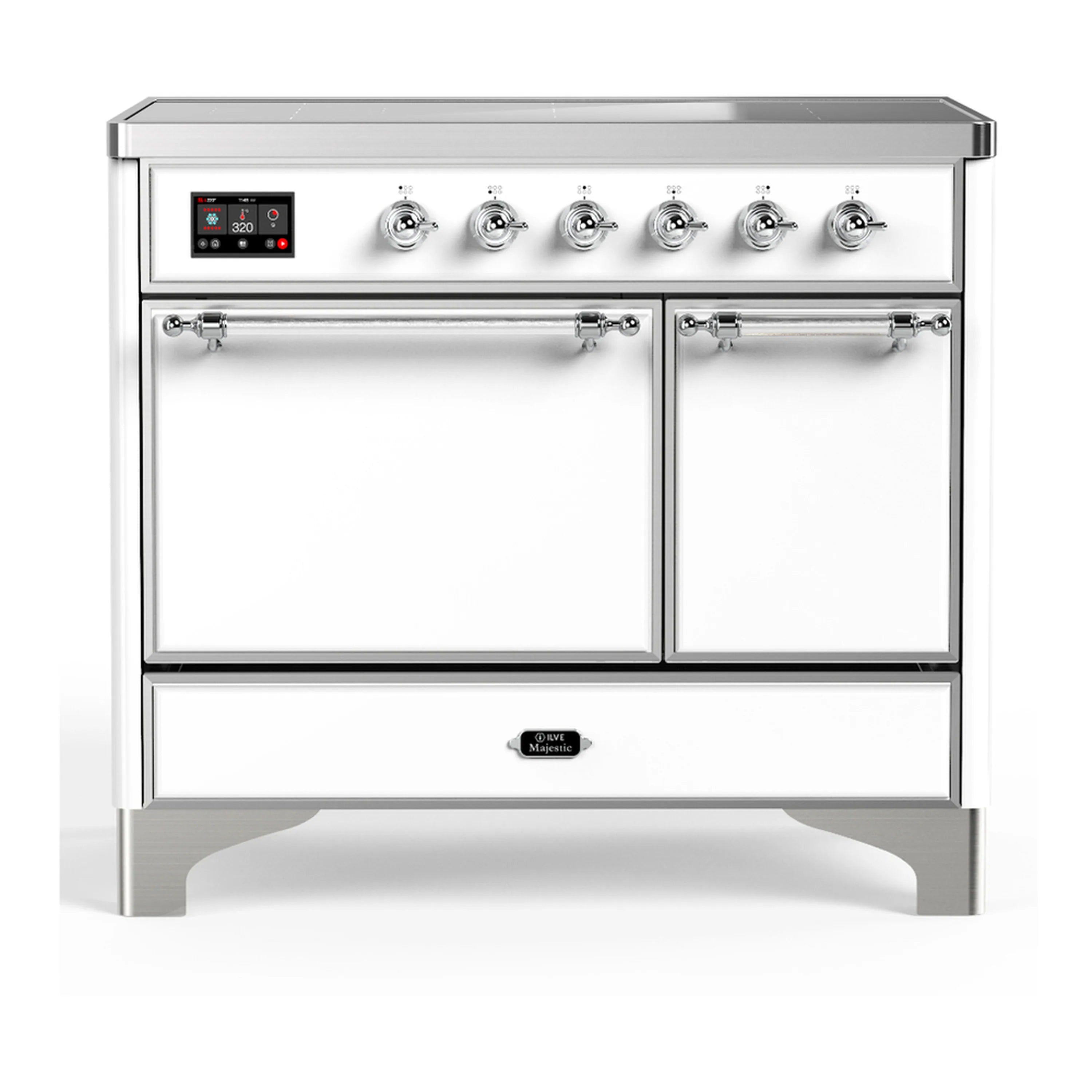 White induction range with chrome trim, 6 knobs, and digital cooktop control display