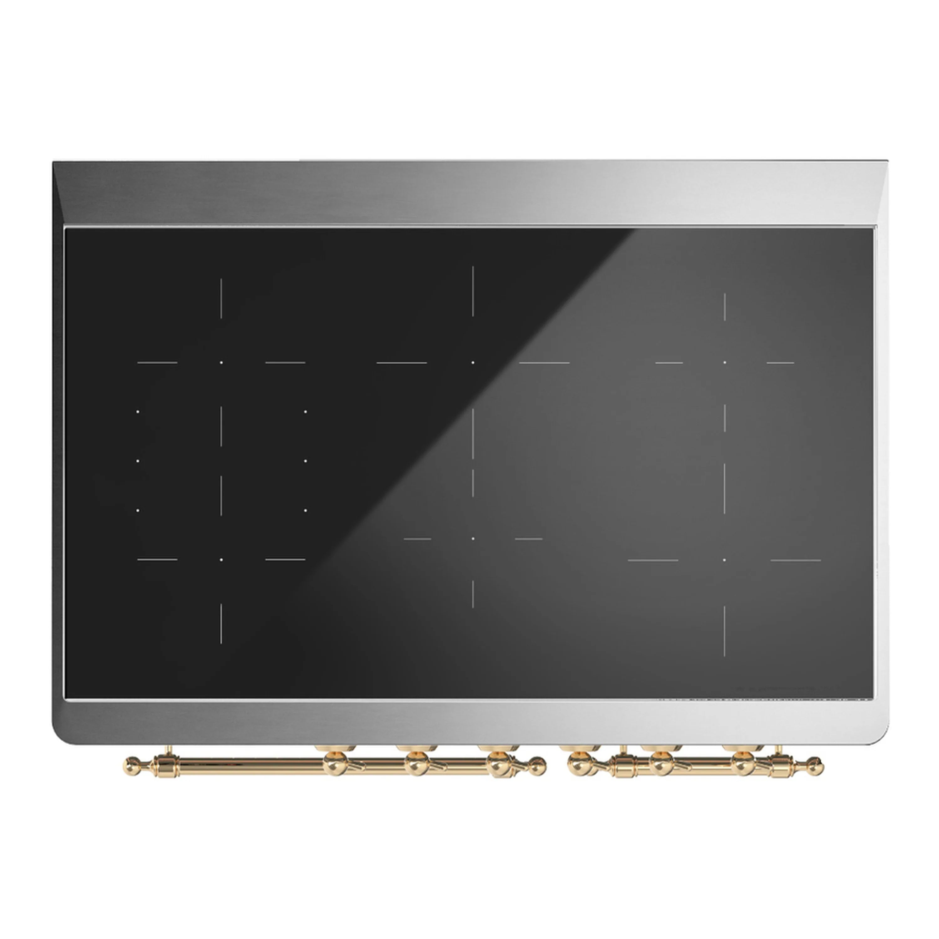 Brushed metal cooktop with black glass panel and brass control knobs along bottom