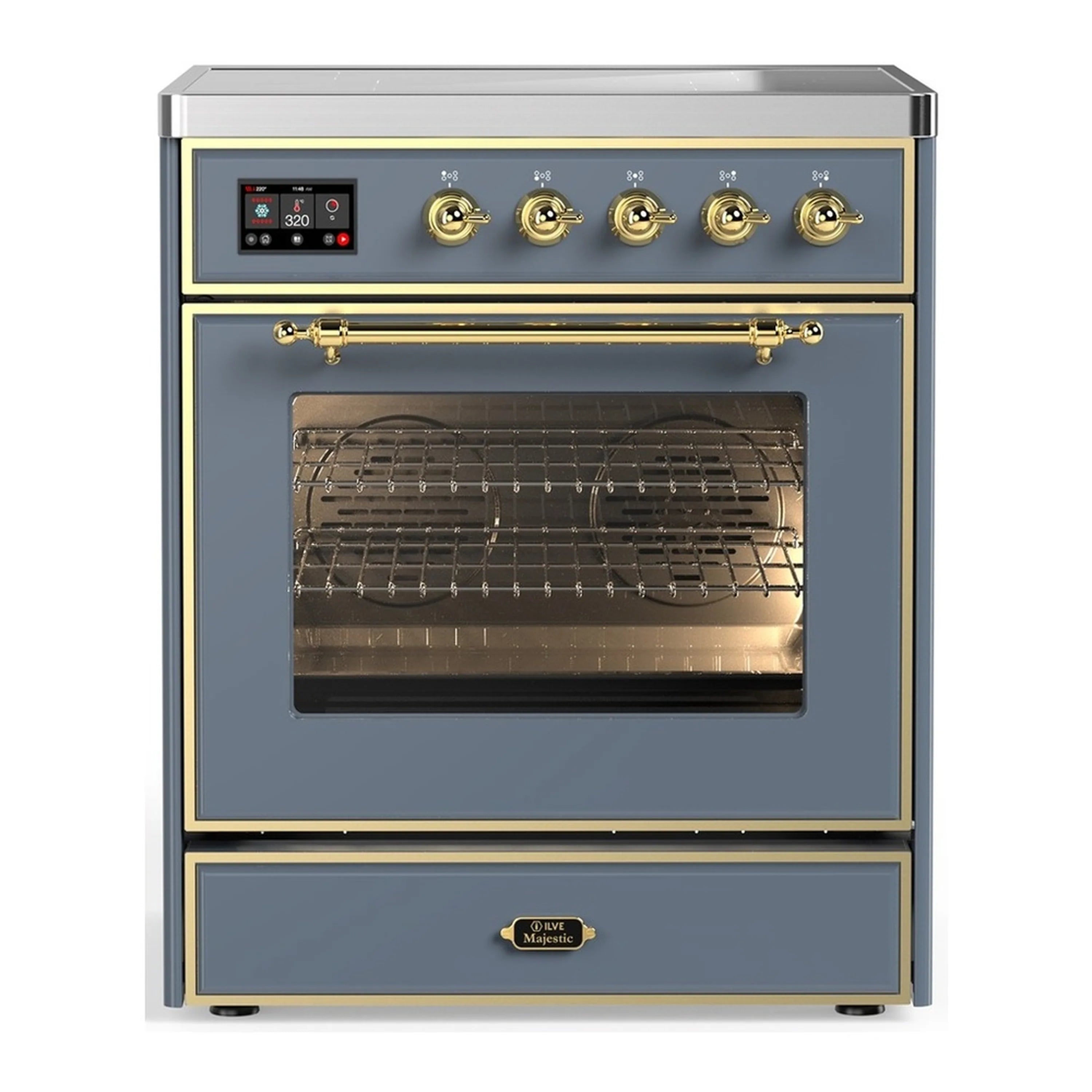 Blue-grey induction range with brass knobs and triple-glass oven door