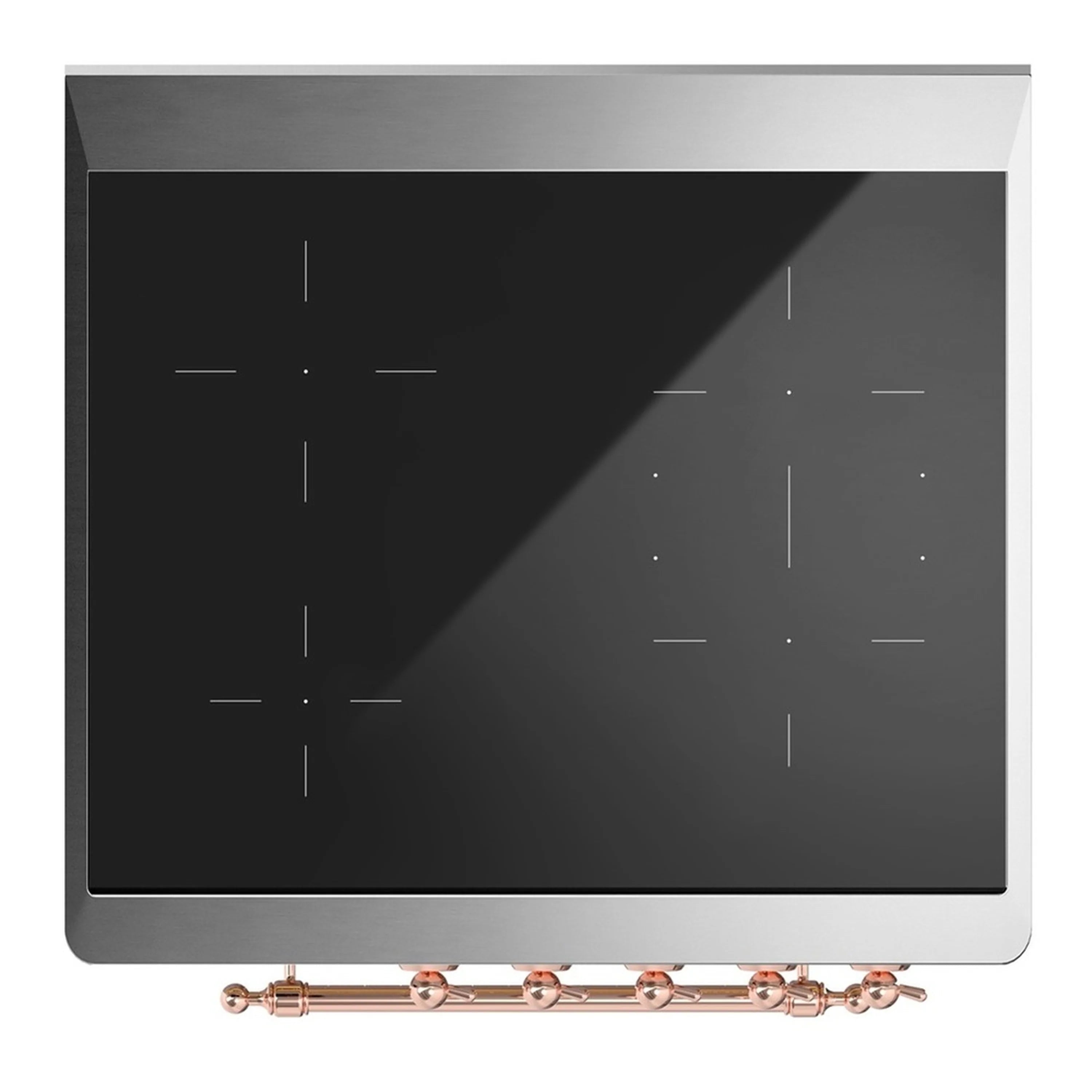 Induction cooktop with black glass surface and copper control bar on a blue-grey range