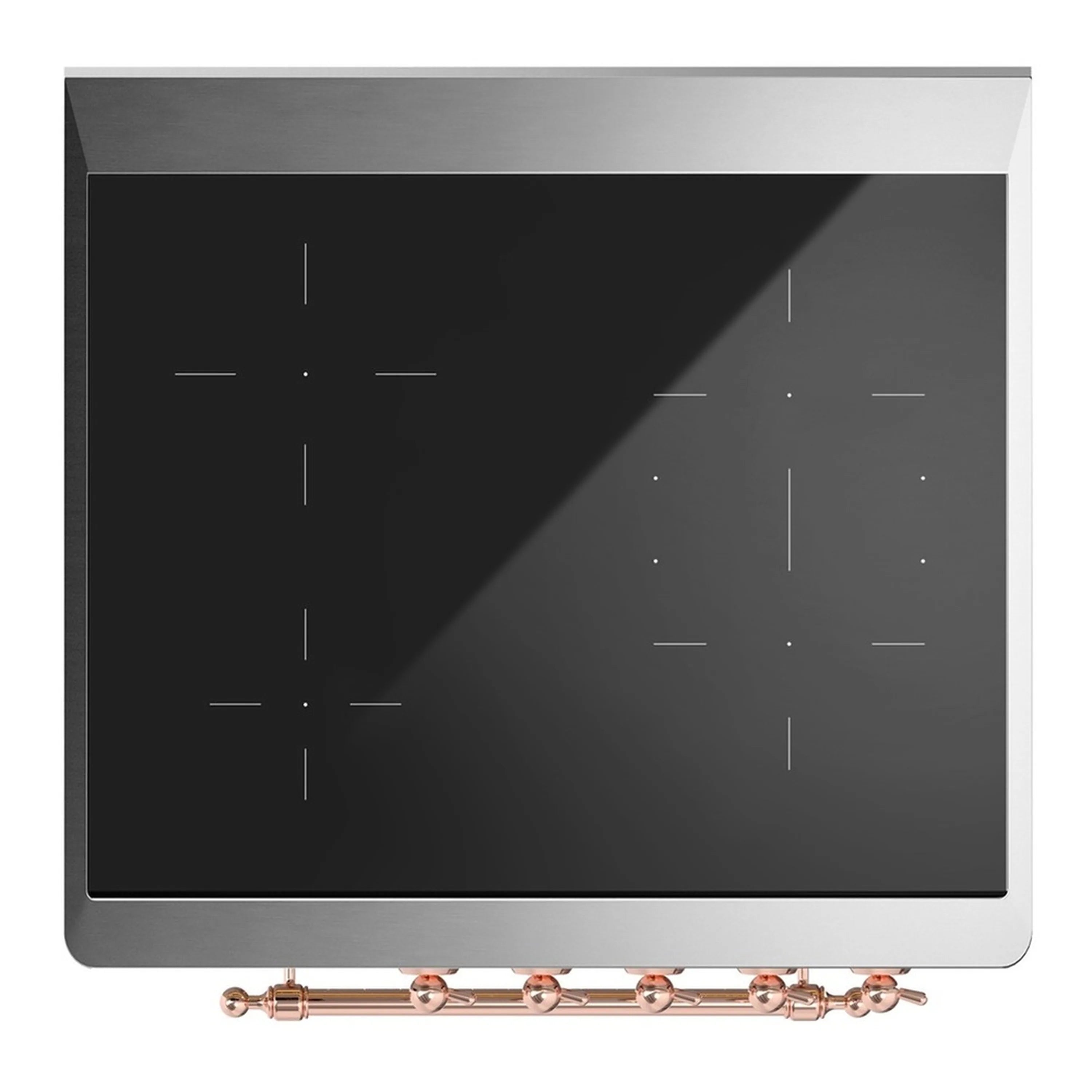Glossy black induction cooktop glass with copper-trimmed control bar and burner zones