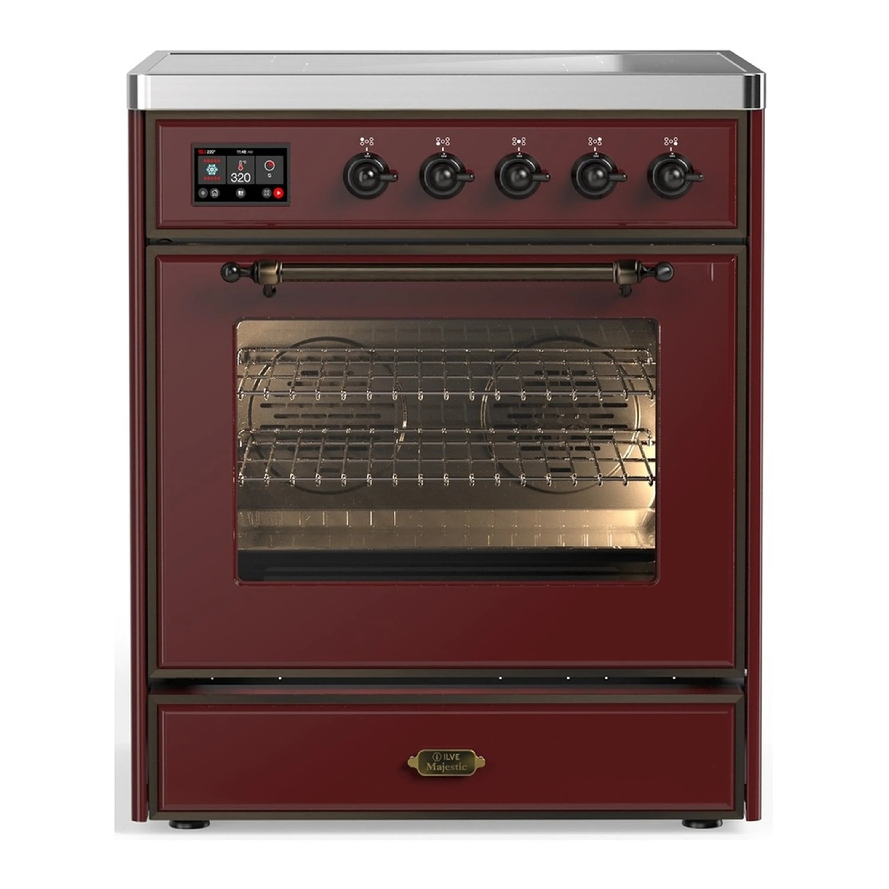 Burgundy ILVE induction range with four black control knobs and glass-front oven door