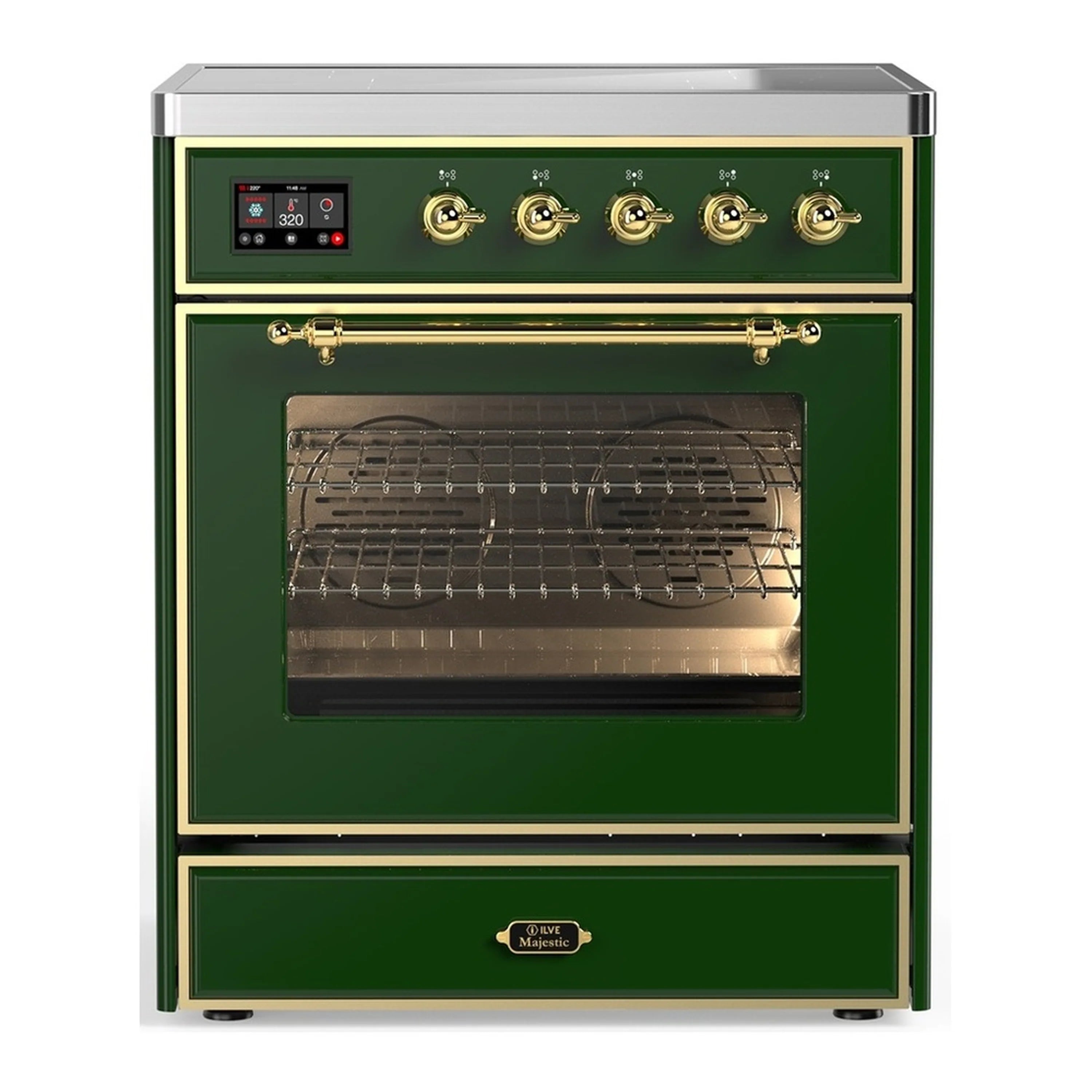 Emerald green induction electric range with triple-glass oven door and brass trim