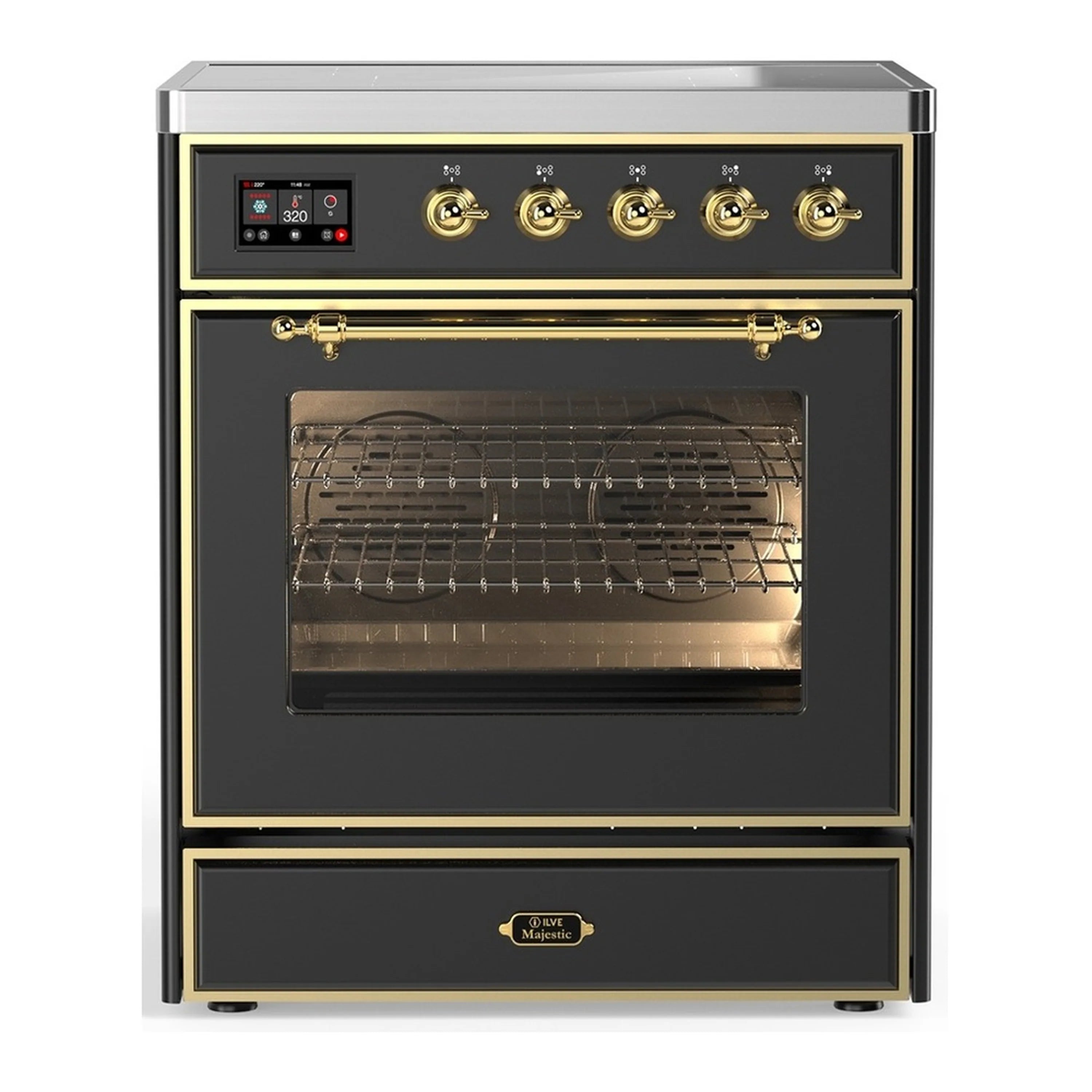 Matte graphite induction range with triple glass oven door and brass-trim control panel
