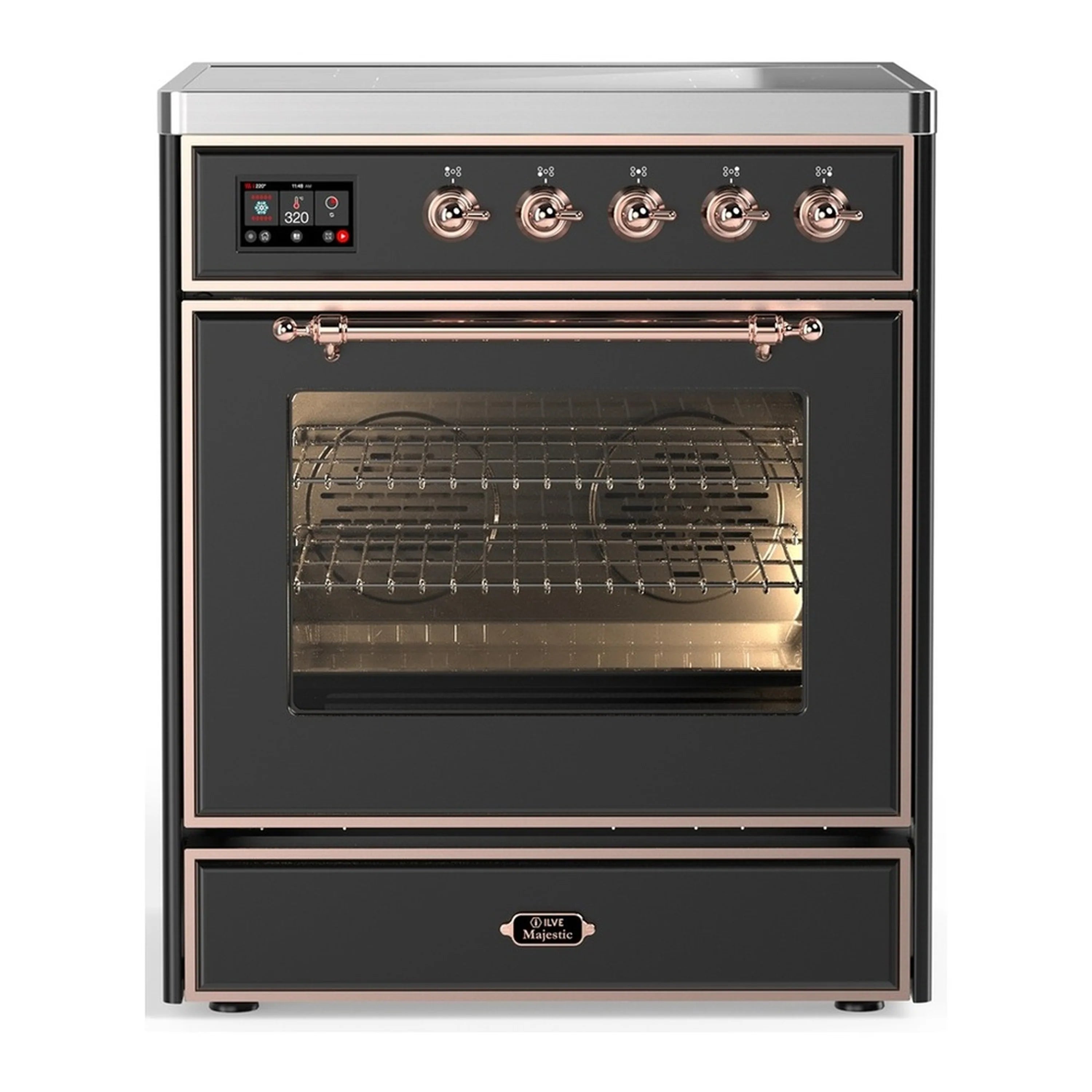 Matte graphite induction range with copper trim, open electric oven door and racks