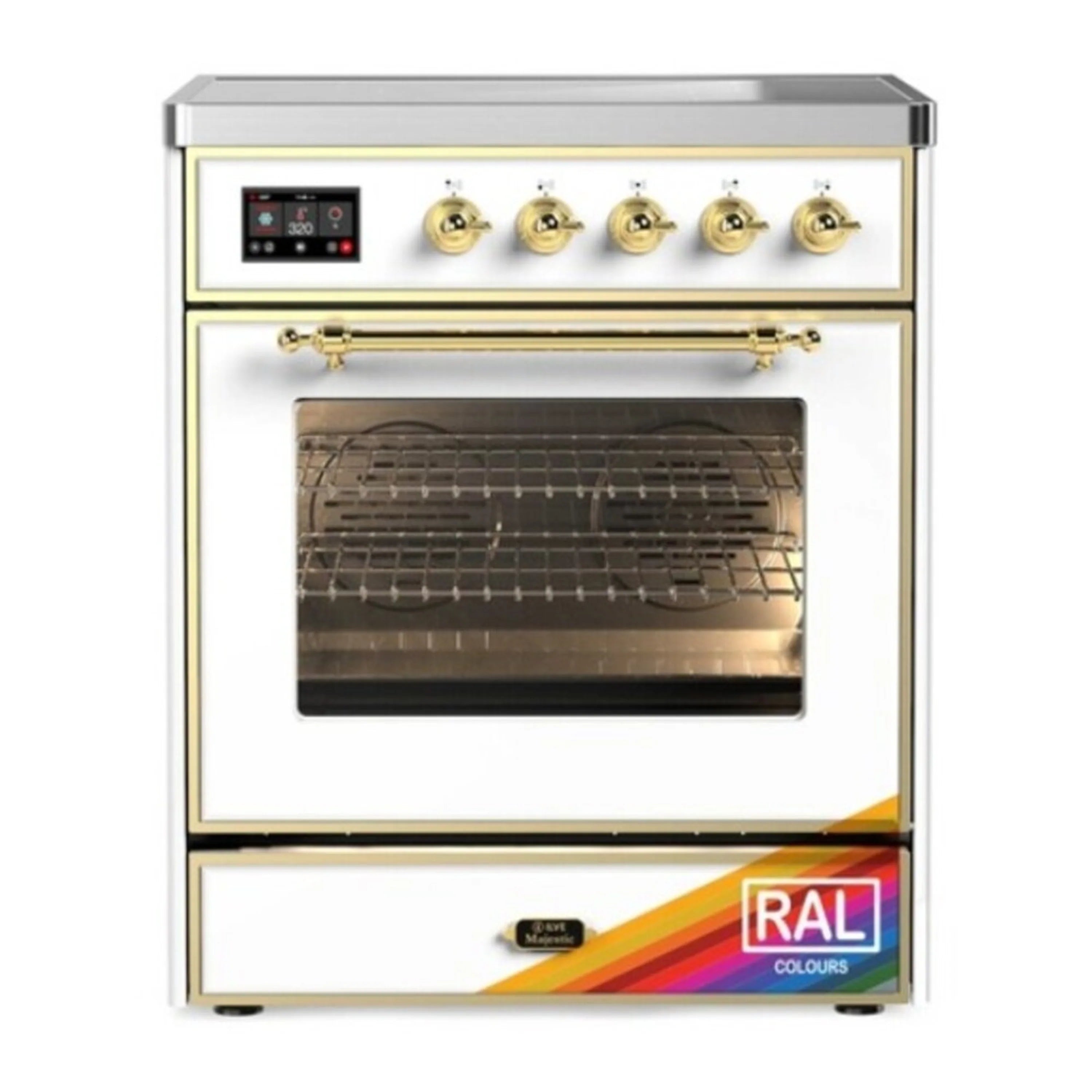 Freestanding induction electric range with triple glass oven door and brass trim
