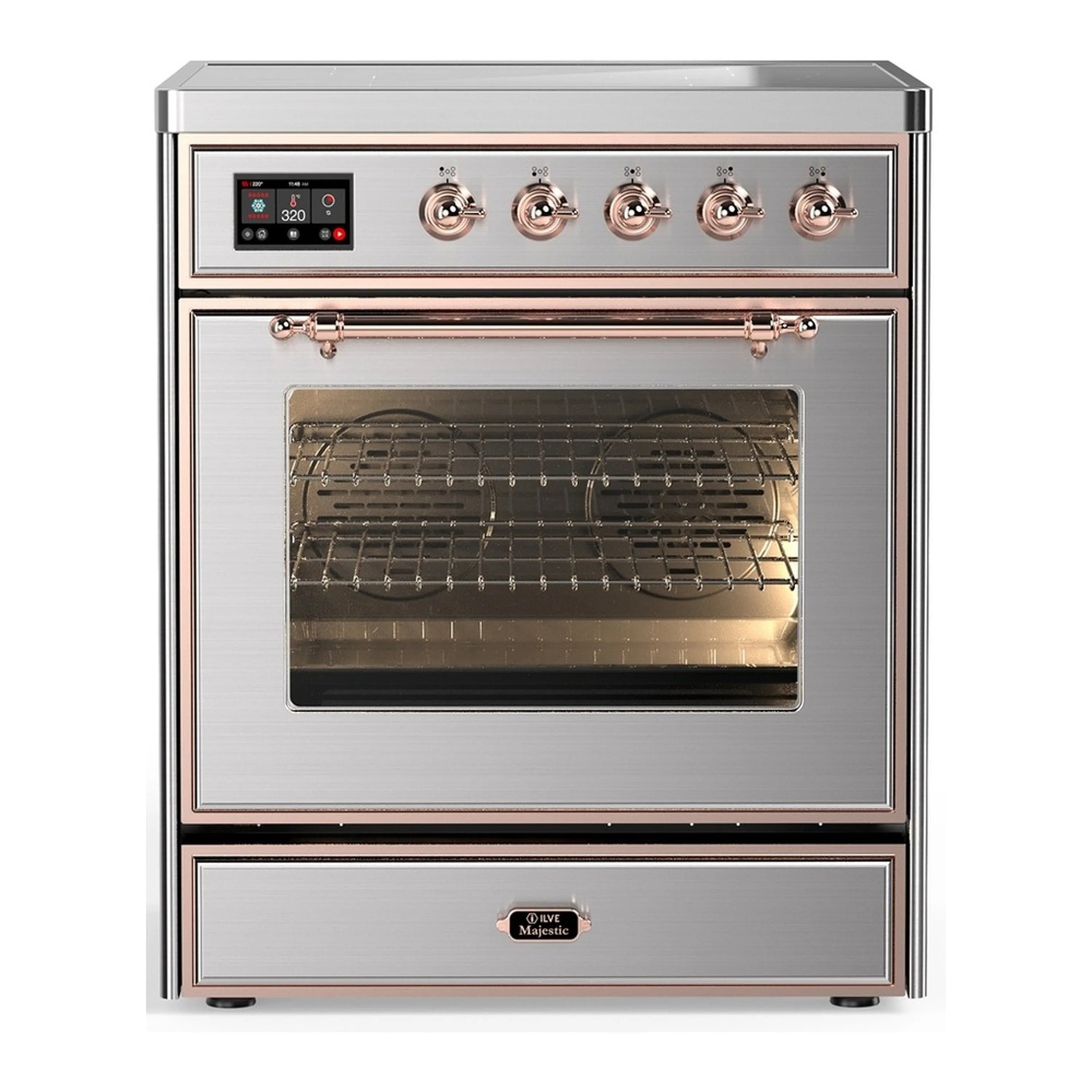 Stainless steel induction range with copper-trim controls and open electric oven door