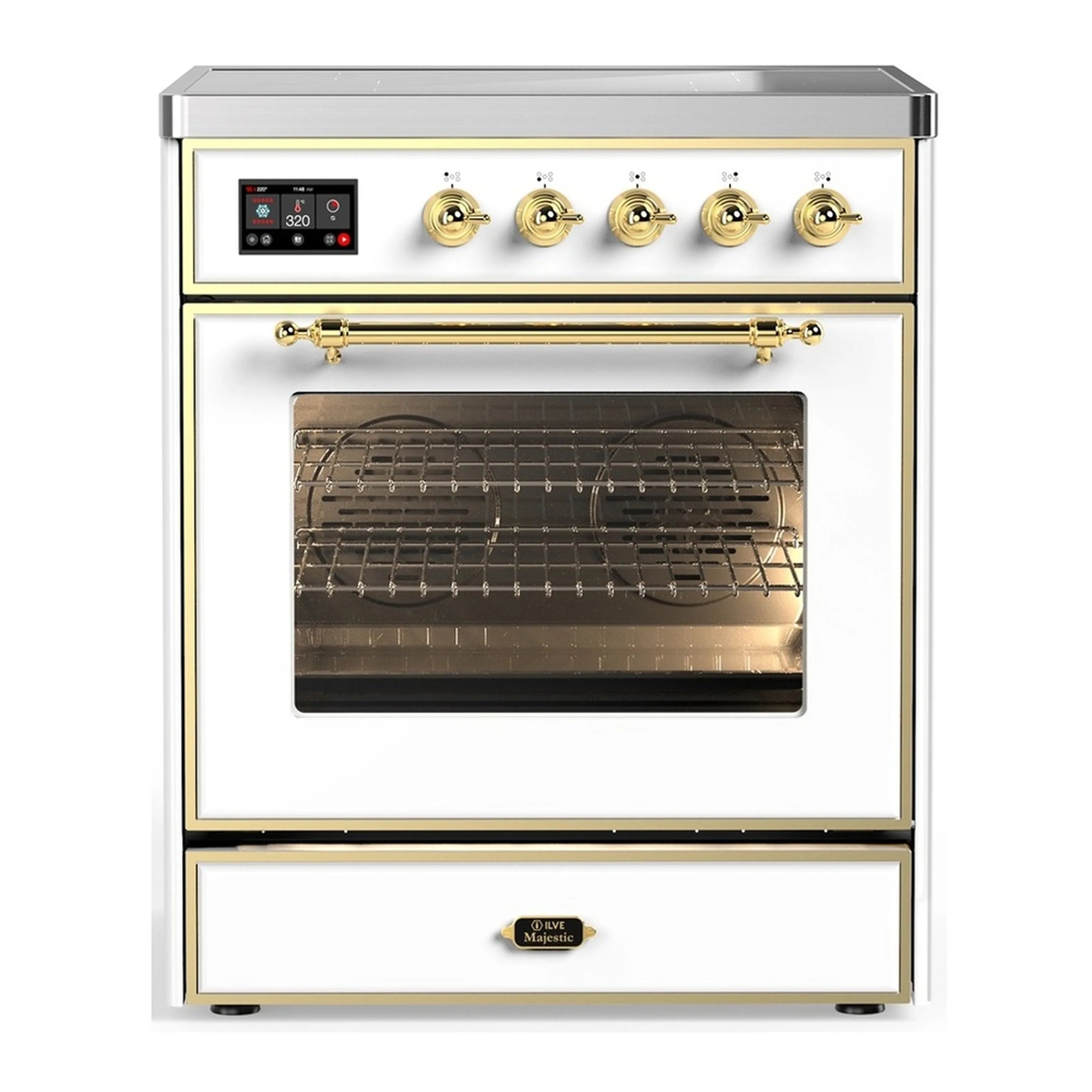 White induction range front with brass knobs, oven window, and interior rack