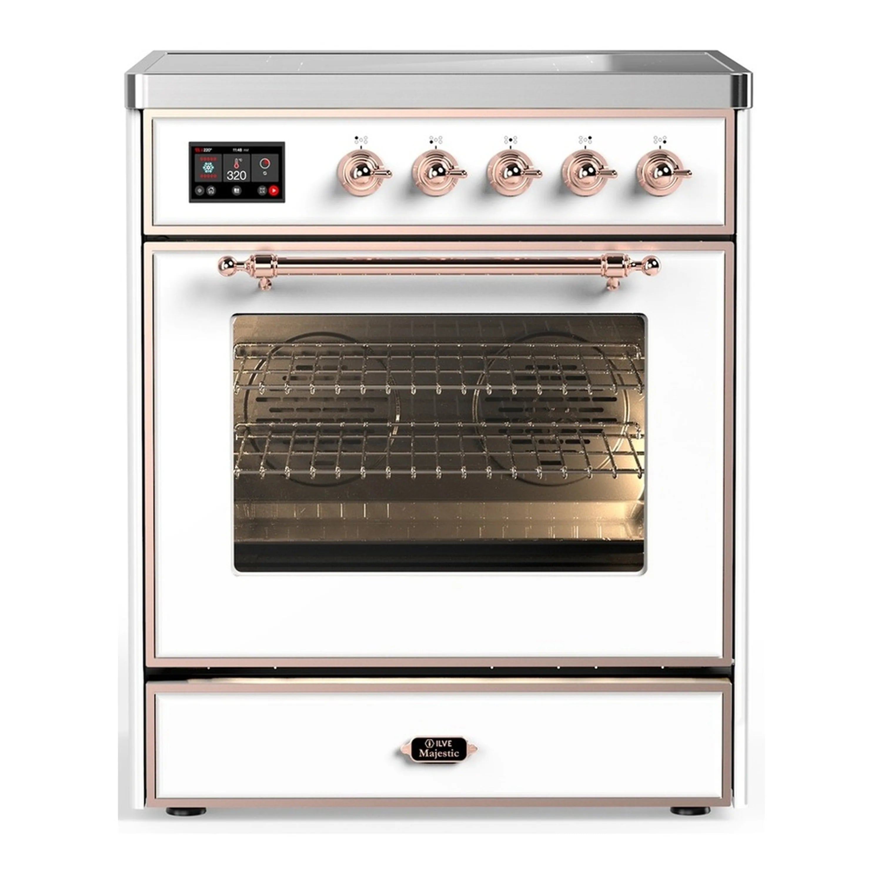 White induction range with copper-trim control panel and open oven door