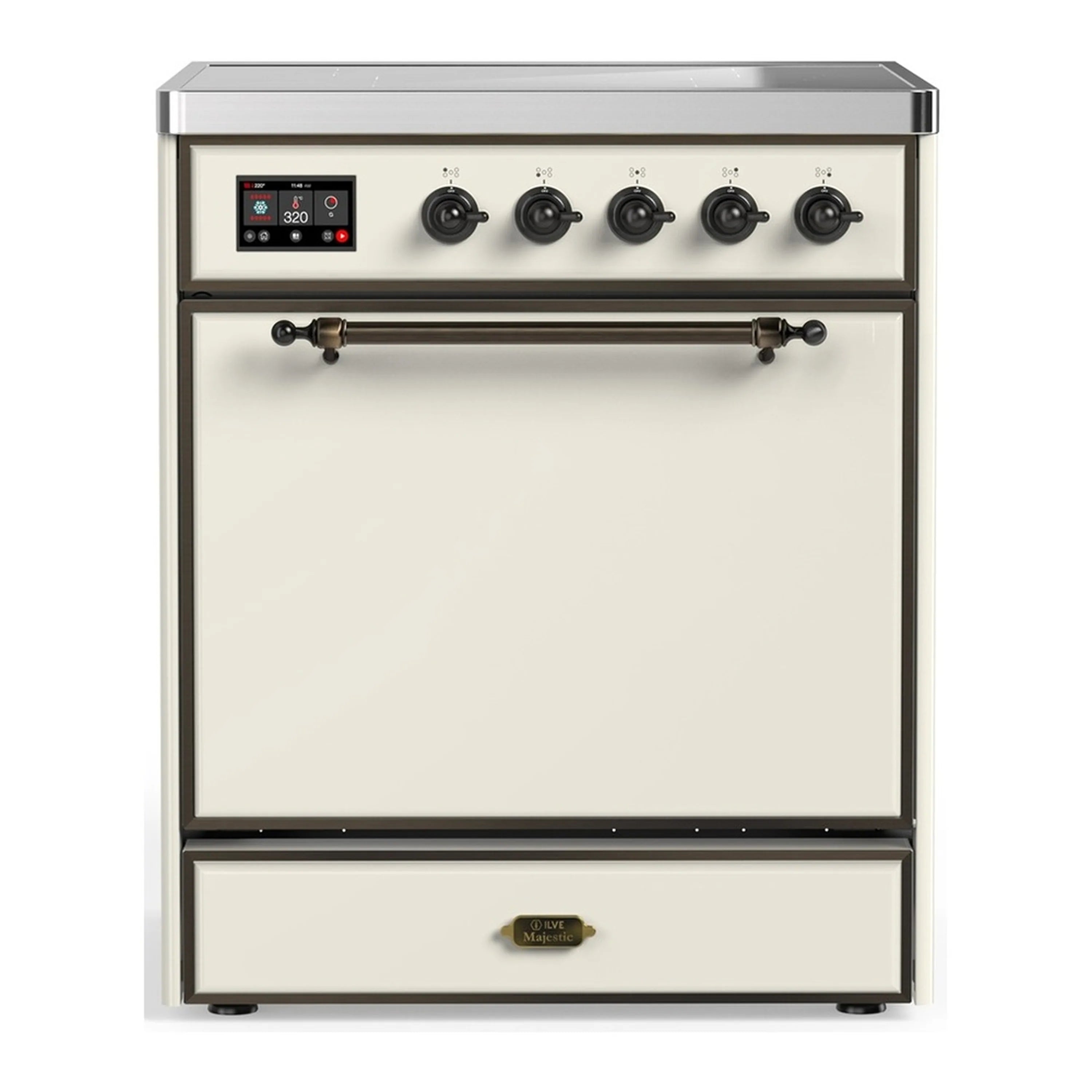 Antique white induction range with solid door electric oven and black control panel