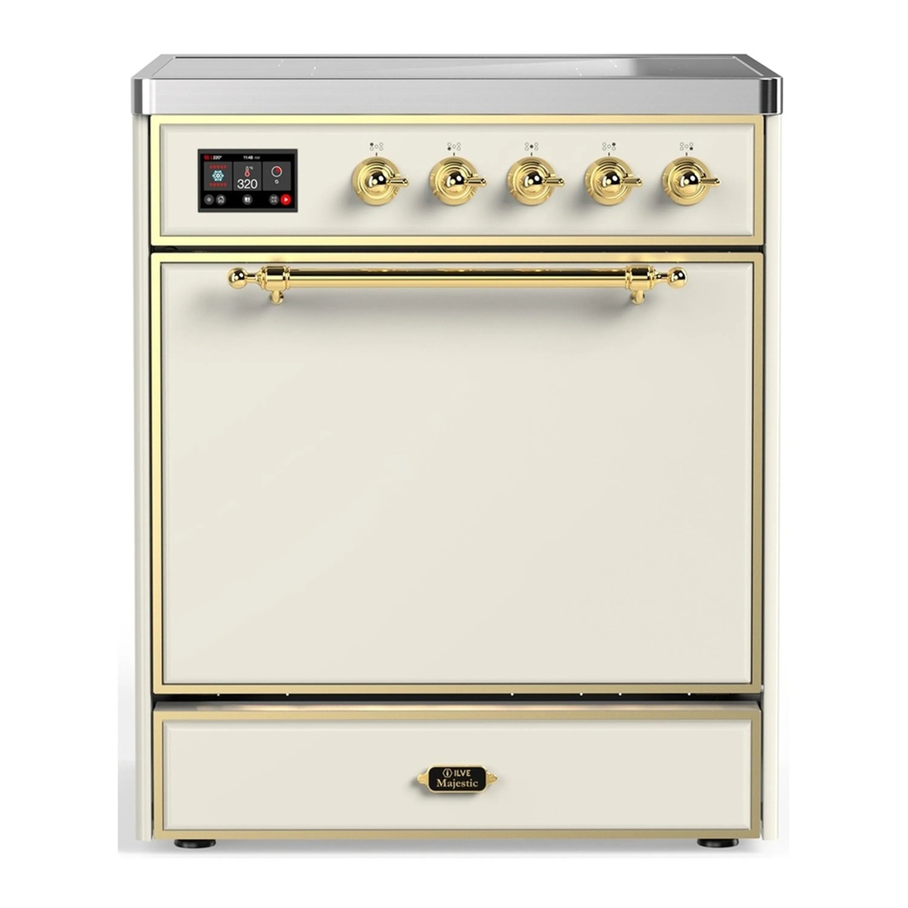 Antique white electric induction range with brass trim, black control display and burner knobs