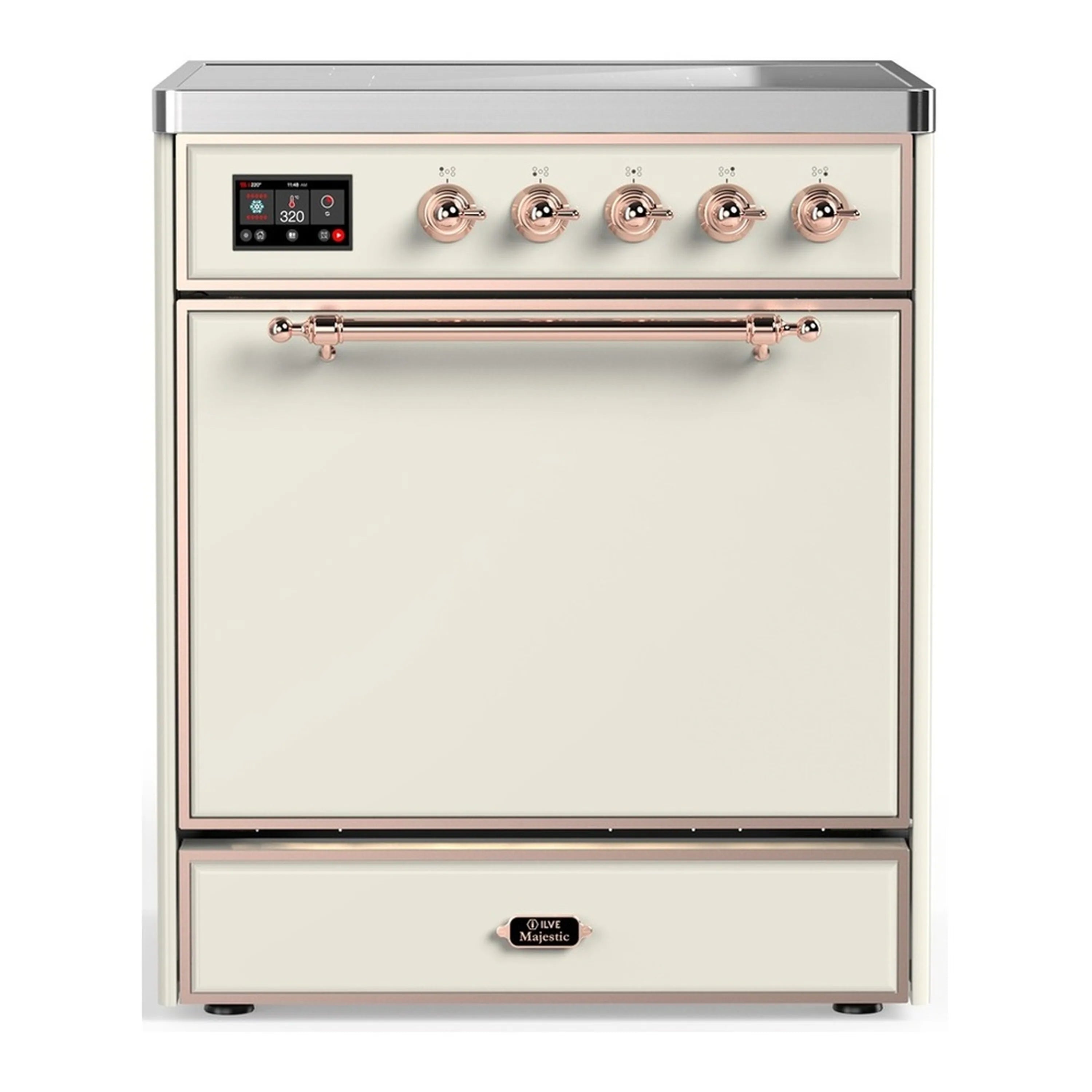 Antique white induction range with copper trim, front control panel and oven door